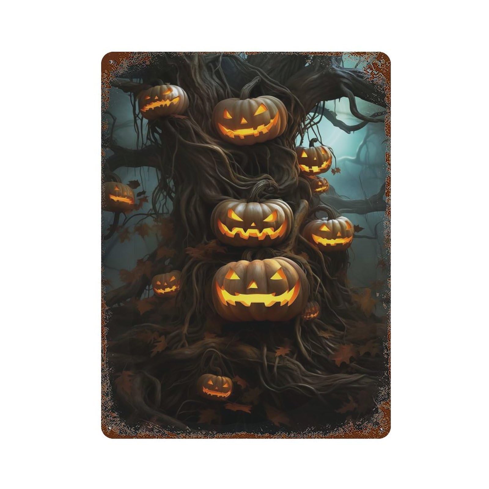 Tree with Halloween Pumpkins Rust Effect Tin Sign 15.7"x11.8", Farmhouse Wall Decor for Farmhouse, Kitchen And Entryway Decor