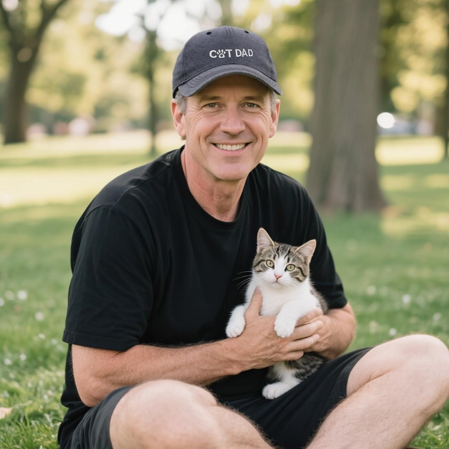 Cat Dad Hat for Men, Cat Dad Gifts, Adjustable Size Cotton Baseball Cap Black