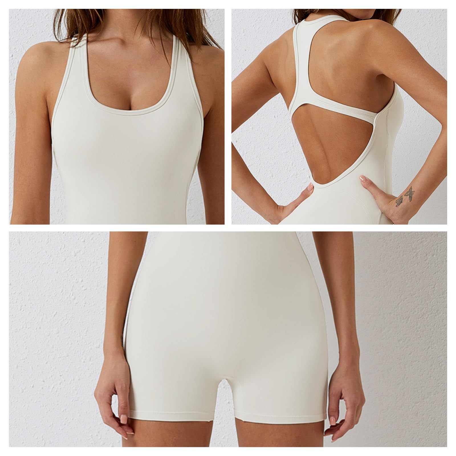 Femme Halter Neck One Piece Workout Jumpsuit Thread Seamless Yoga Backless Short Jumpsuit,Blanc,S