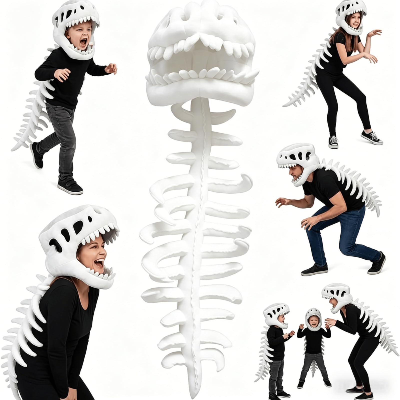KUNYOS Realistic 3D Dinosaur Skeleton Attire Set Multiple Colour Options Spinosaurus Dinosaur Plush Skeleton Headpiece and Spine Outfit for Halloween Cosplay Attire Dress Parties (White, L(46in))
