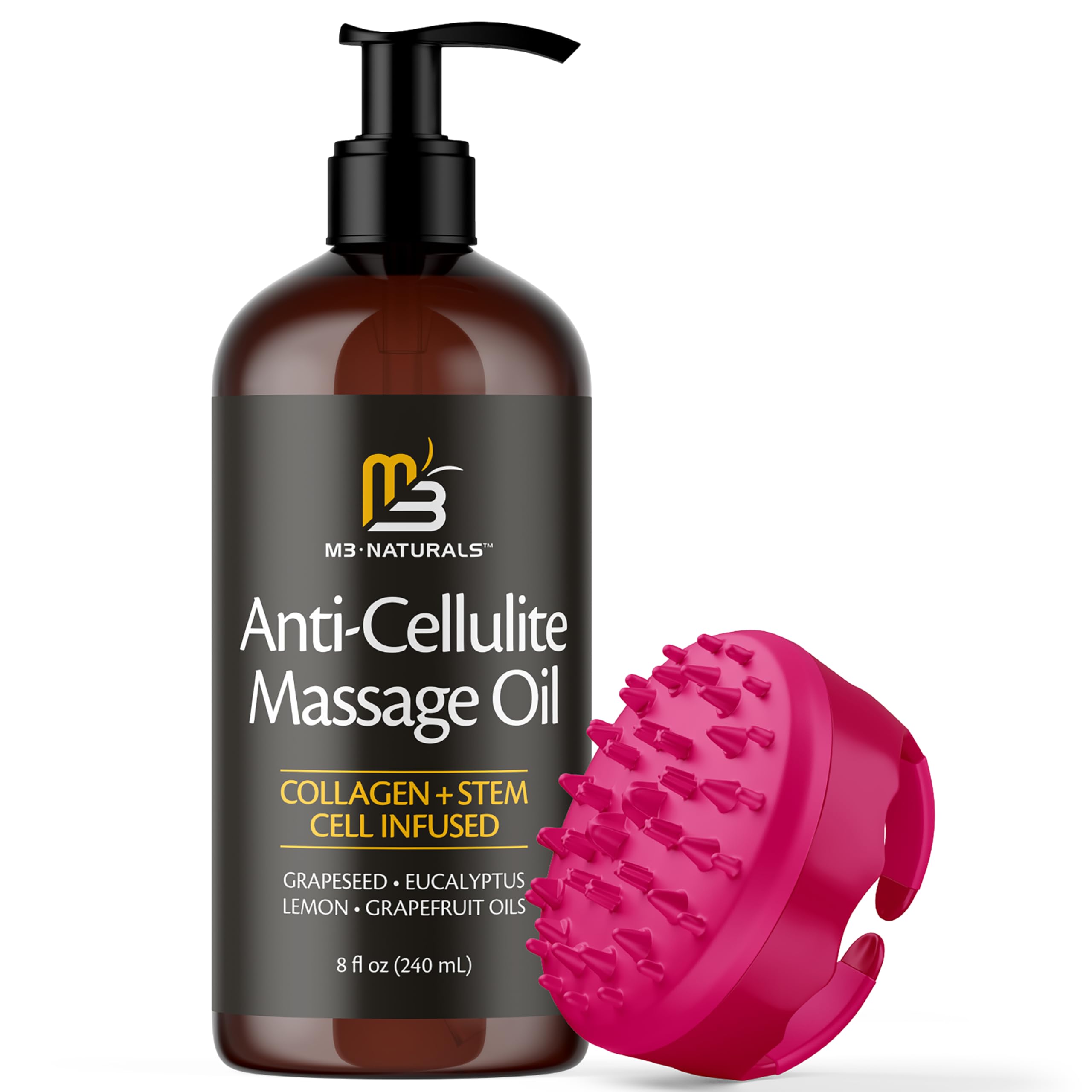 Anti Cellulite Massage Oil and Silicone Body Brush – Collagen and Stem Cell Skin Tightening Formula for Smoothing and Firming, 8 fl oz by M3