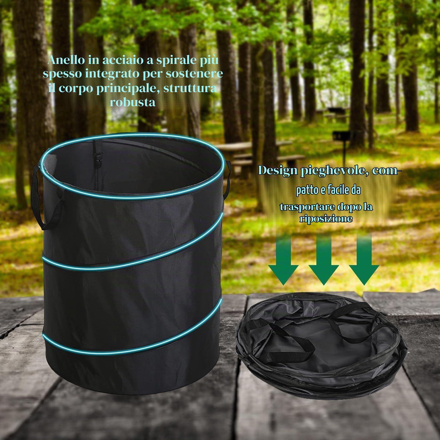 Tissting Pattumiera da Campeggio 34 Diametro 10 Galloni Modello a Clip Grande Tessuto Oxford Verde Scuro Sacco per Rifiuti Pieghevole Pattumiera da Campeggio Portatile per Balcone Gar Camping(Nero)