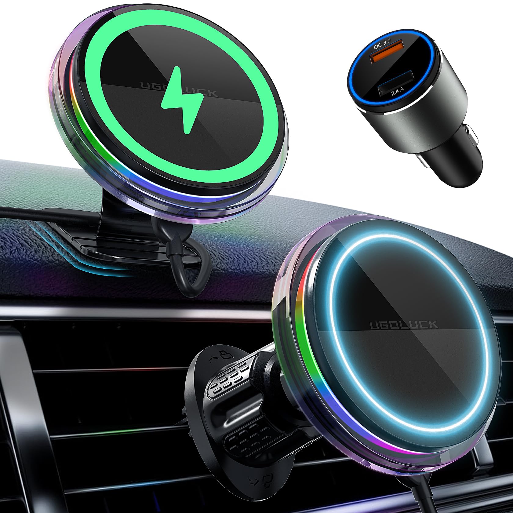 for Magsafe Car Mount Charger, 15W Magnetic Wireless Car Charger with 8 RGB LED Backlit Magnetic Car Phone Holder Mount Charging for iPhone 16 15 14 13 12 Pro Max Plus Mini MagSafe Case