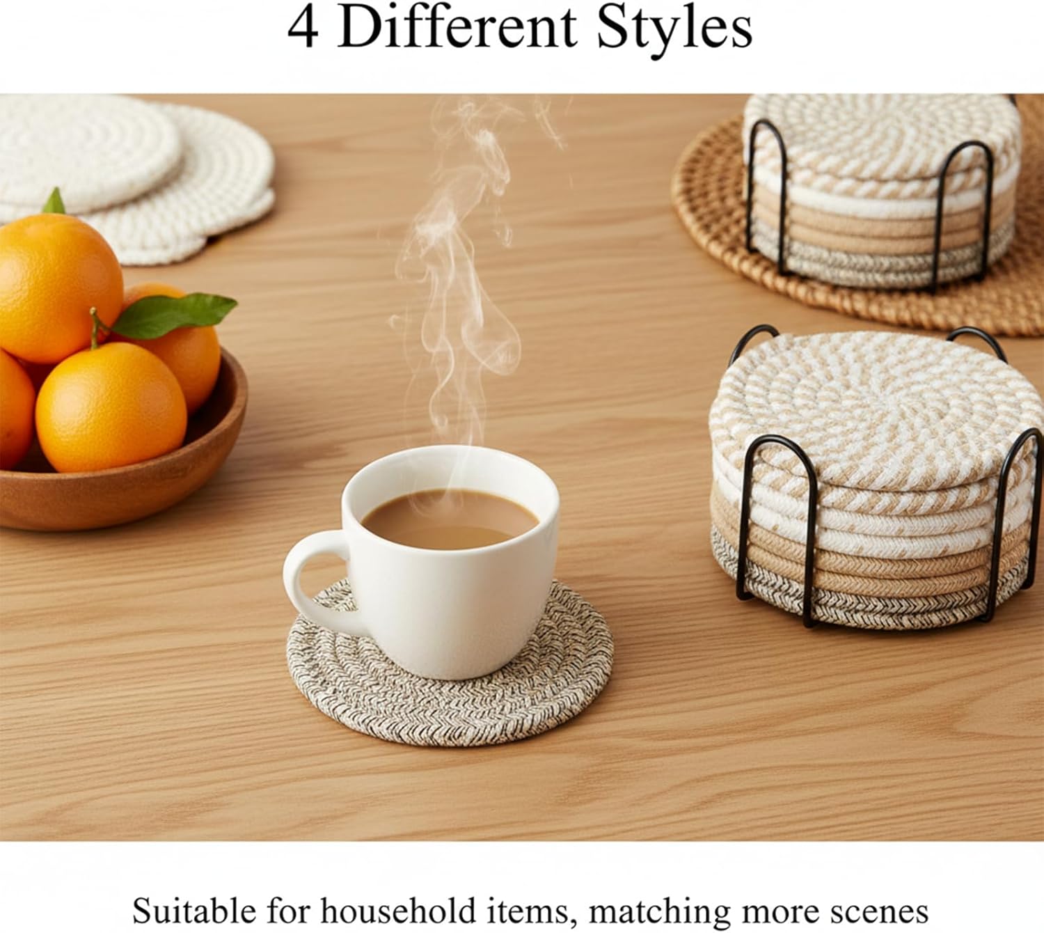 Drink Coasters Set of 8 with Holder – Cotton Woven Absorbent Coasters, 4 Colors for Coffee, Beer, Drinks & Tabletop Protection - Image 2