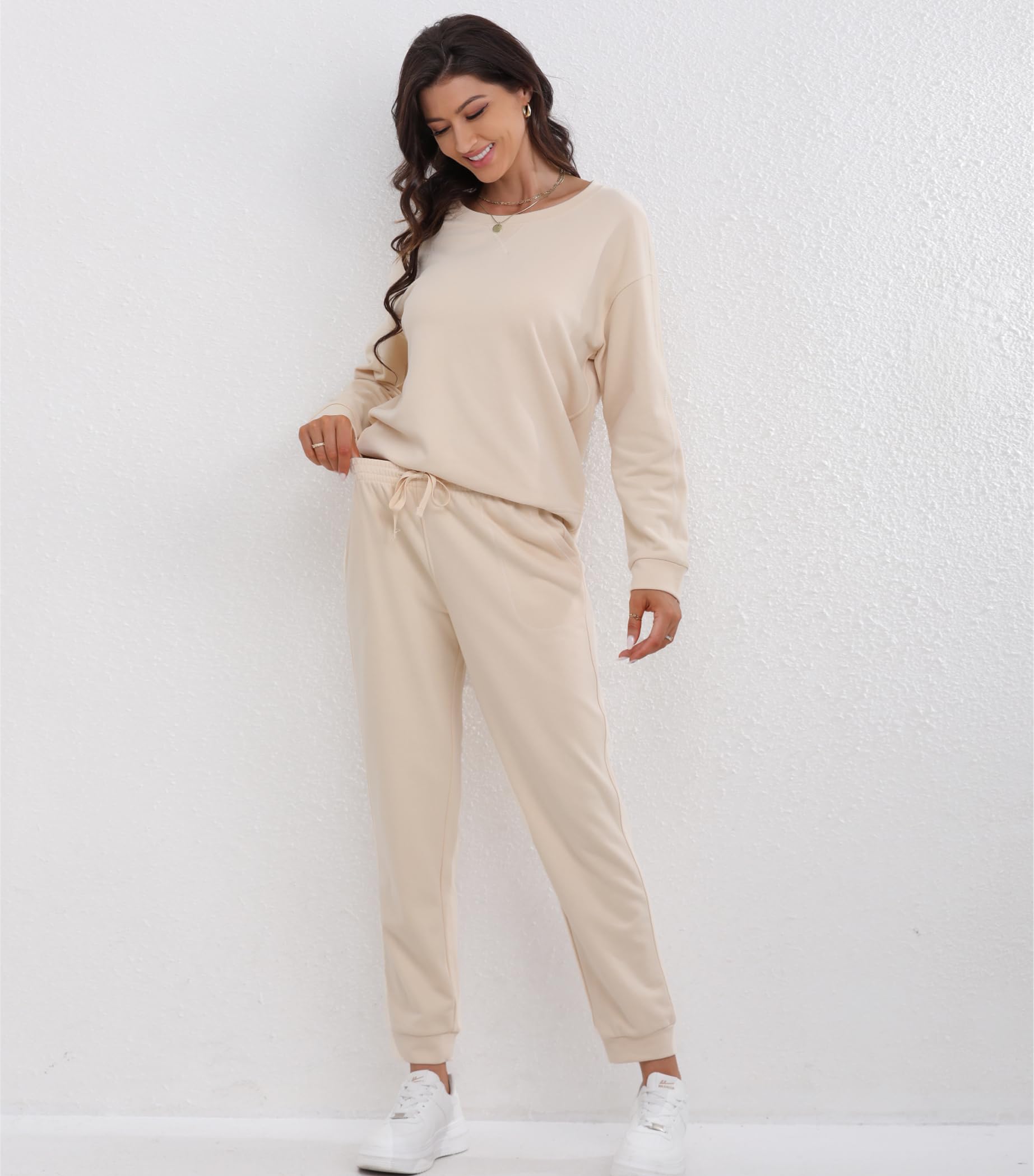 DAVID ARCHY Conjunto de pijama de algodón para mujer, suave, cómodo, cuello redondo, manga larga, sudadera y pantalones deportivos