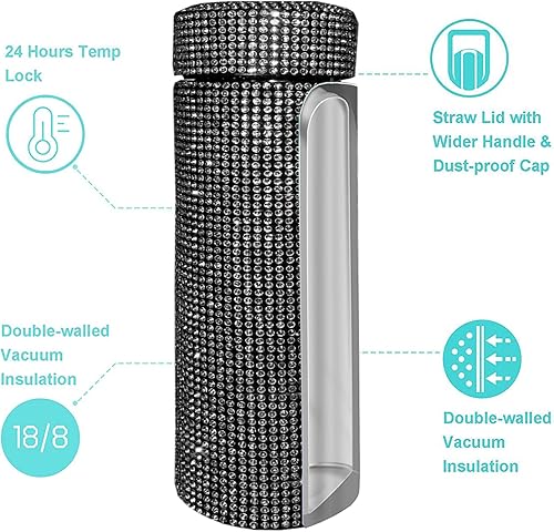 Miniatura 2 de Bling Crytal Botella de agua aislada de 17 onzas con colador, botella térmica de acero inoxidable, doble pared aislada al vacío, botella de vacío de