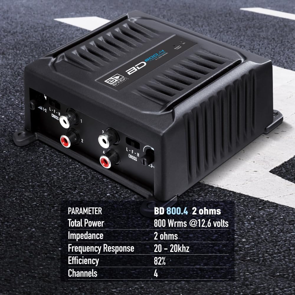 Banda Audioparts BD800.42OHM 800 W 4-kanałowy 2 omy pełny zakres samochodowy wzmacniacz audio 4 x 200 W Rms 4 omy mostkowany - czarny