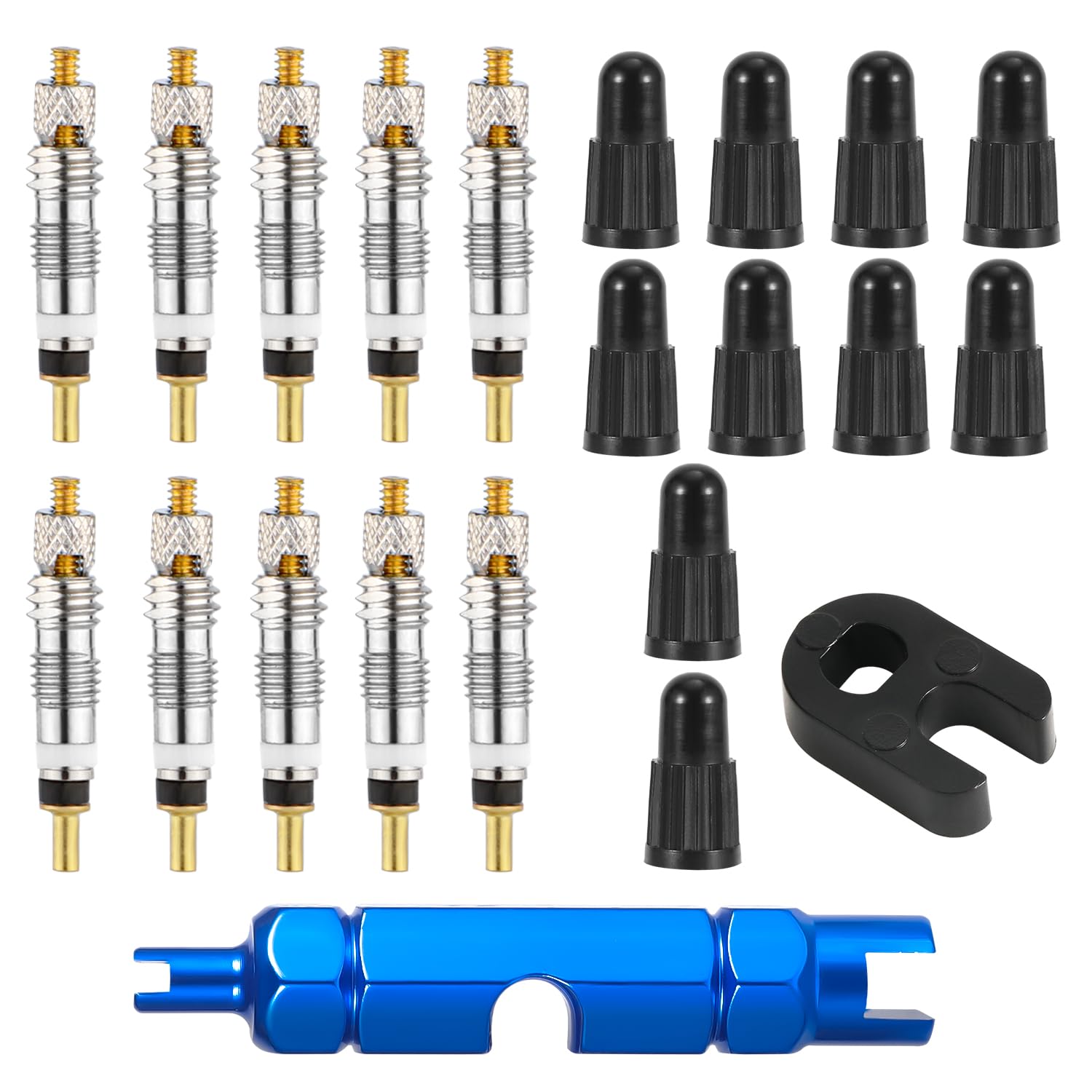 10pcs Valve Core, Tubeless Valve Core Bike Replacement with 1 Disassembly Wrench & 1 Alloy Valve Core Dismantle Tools & 10 Valve Core Caps Bicycle Valve Core for Tubeless Road MTB Bike Tires