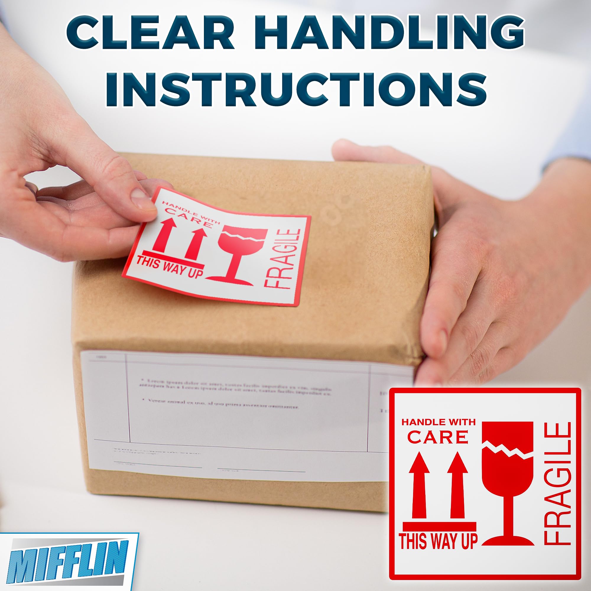 Fragile Warning Stickers - 102 Stickers, 10x10cm, 1 Roll - Moving Tape for Shipping - Large Handle with Care Warning Labels for Glass Items