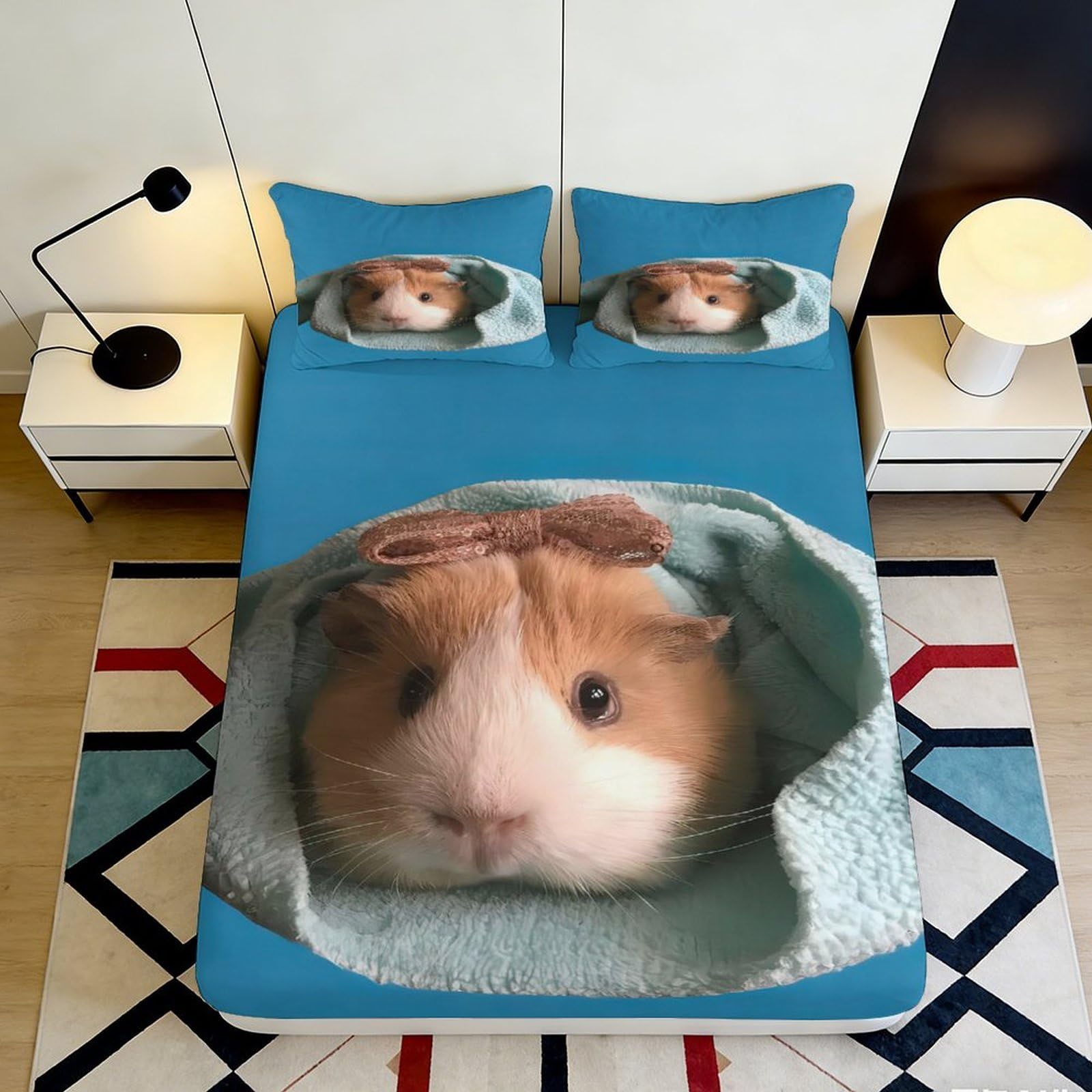 3D Printed Cute Guinea Pig Fitted Sheet Microfiber Blue Animal Pet Bed Cover for Bedroom Guest Room Mattress Decor 90x200x25cm