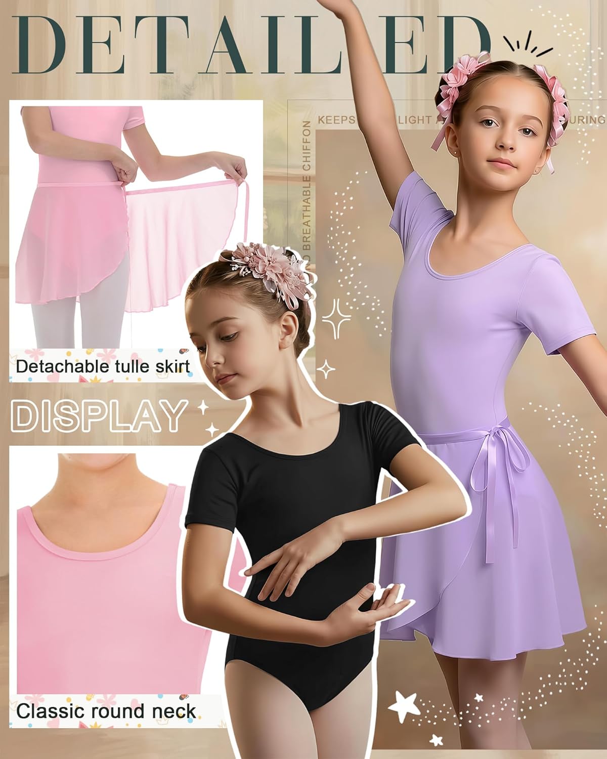 3 Pack Girls Ballet Leotards Toddler Short Sleeve Dance Dress Outfit with Removable Skirts Ballet Dance Set