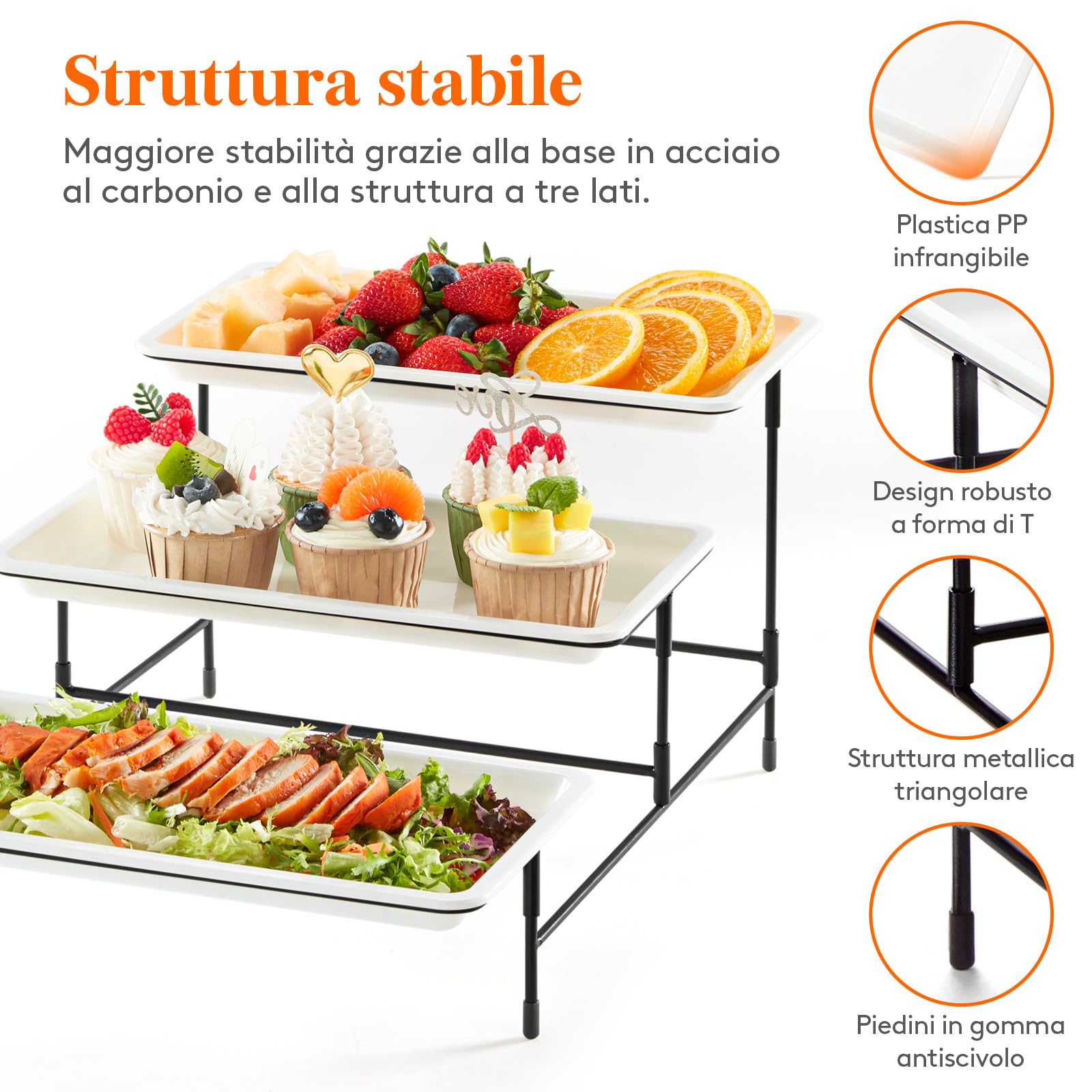 Lifewit Vassoio da Portata 3 Piatti, Vassoio Plastica Rettangolo 30×17cm, Alzate per Buffet Dolci, Portafrutta da Tavolo, Cucina Decorativo, Vassoi e Piatti con Rastrelliera in Metallo Nero