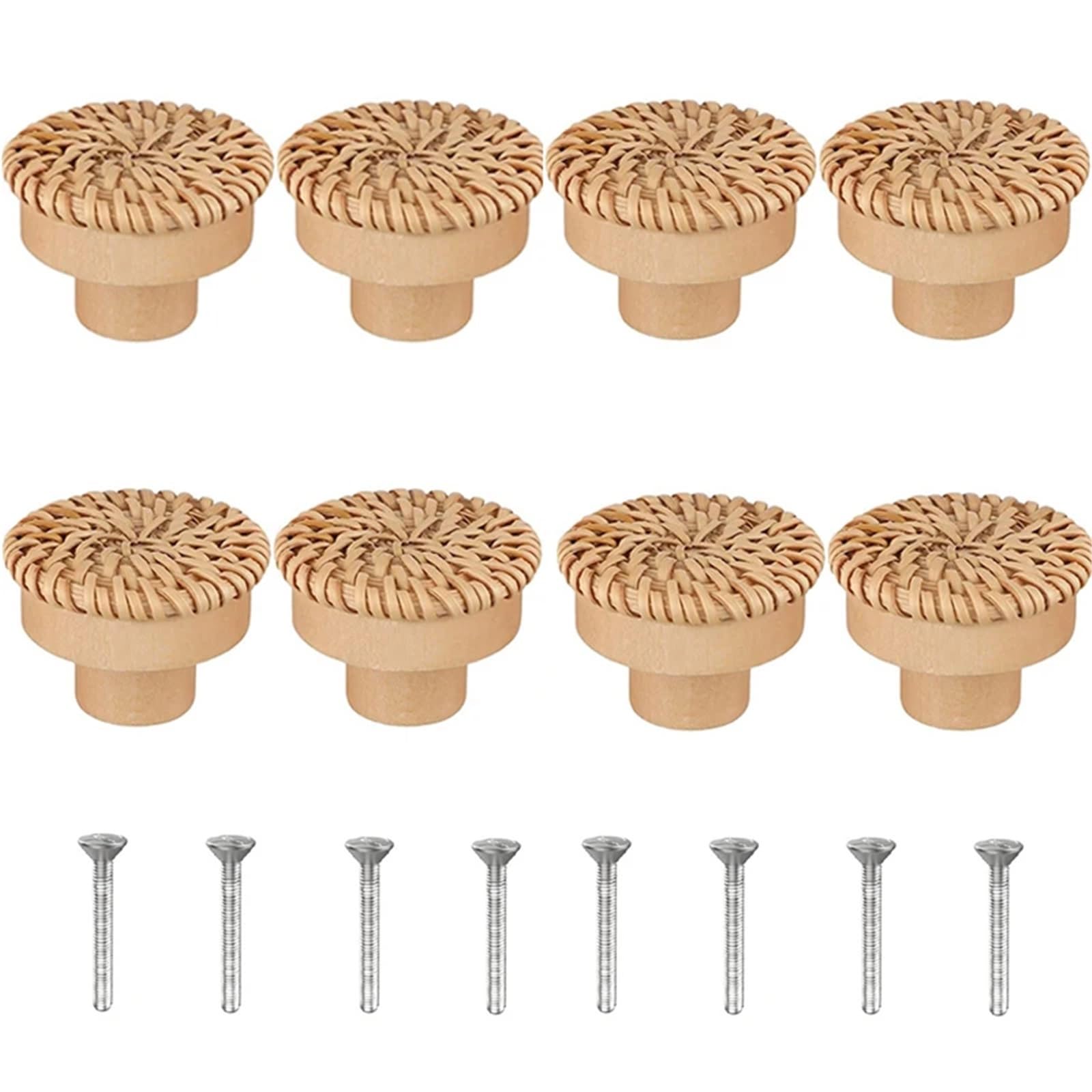 UBOHUZ 8Pcs Rattan Dresser Knobs Round Wooden Drawer Handmade Wicker Woven and Screws for Furniture for Cupboard, Wardrobe(Yellow-8pack)