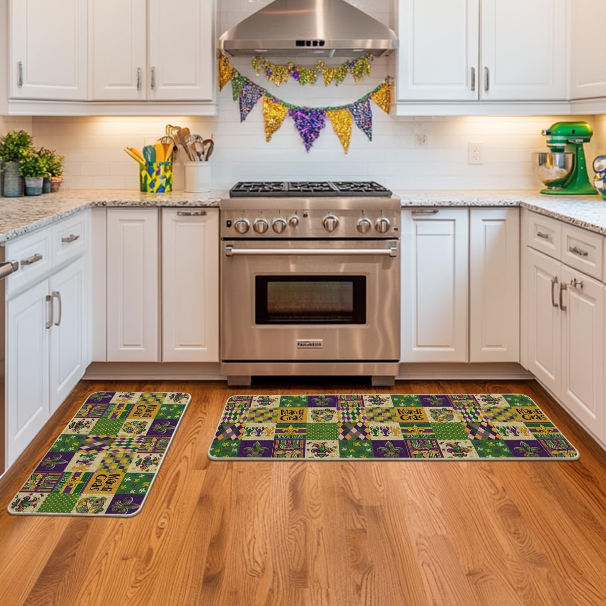 Artoid Mode Buffalo Plaid Doughnut Beads Lobster Mardi Gras Kitchen Mats Set of 2, Carnival Home Decor Low-Profile Kitchen Rugs for Floor - 17x29 and 17x47 Inch