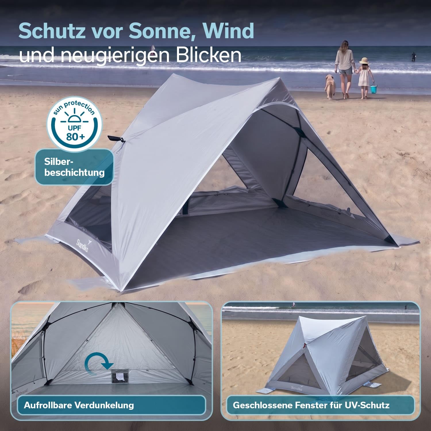 Skandika Strandmuschel Selka Quick-Start | Strandzelt Ultraleicht, UV-Schutz 80+, Windschutz, Sonnenschutz, Sichtschutz, Quick-Up, Sandheringe | Strand Zelt groß, kompakt, für Familie, Kinder