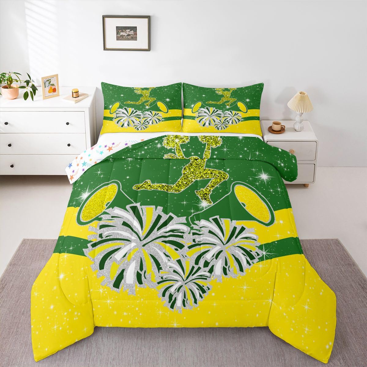 Castle Fairy Cheerleader Kids Comforter Set Twin Size,Cheerleading Glitter Green Yellow Reversible Bedding Sets for Teens Bedroom Decor,Girly Cheerleading Dance Quilted Duvet,1 Pillowcase