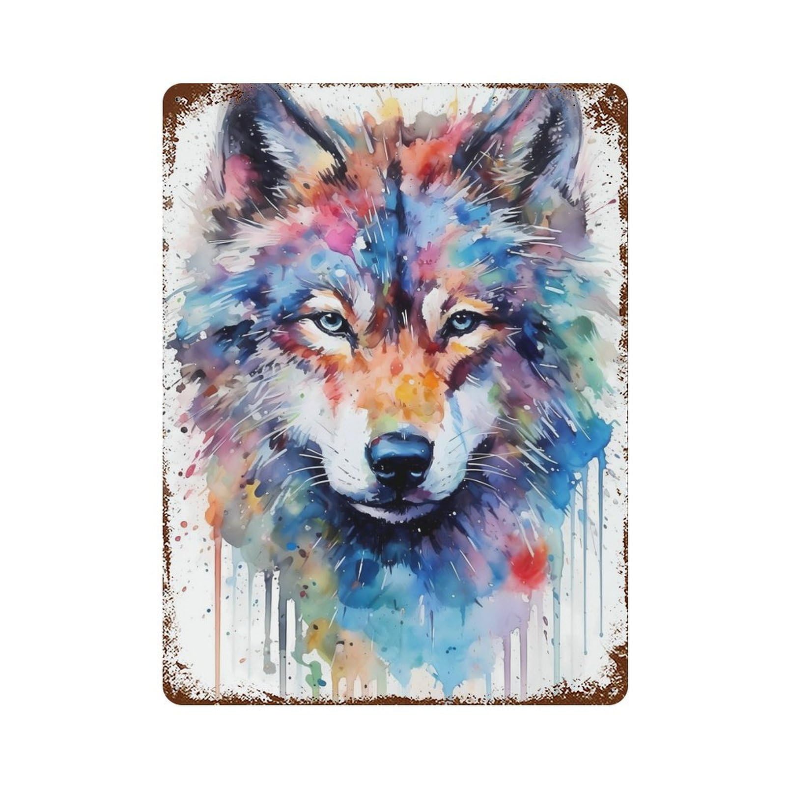 Wolf Watercolors Vintage Wall Sign 15.7"x11.8", Rust Effect Metal Decor for Cafe, Home Bar And Lounge Decor