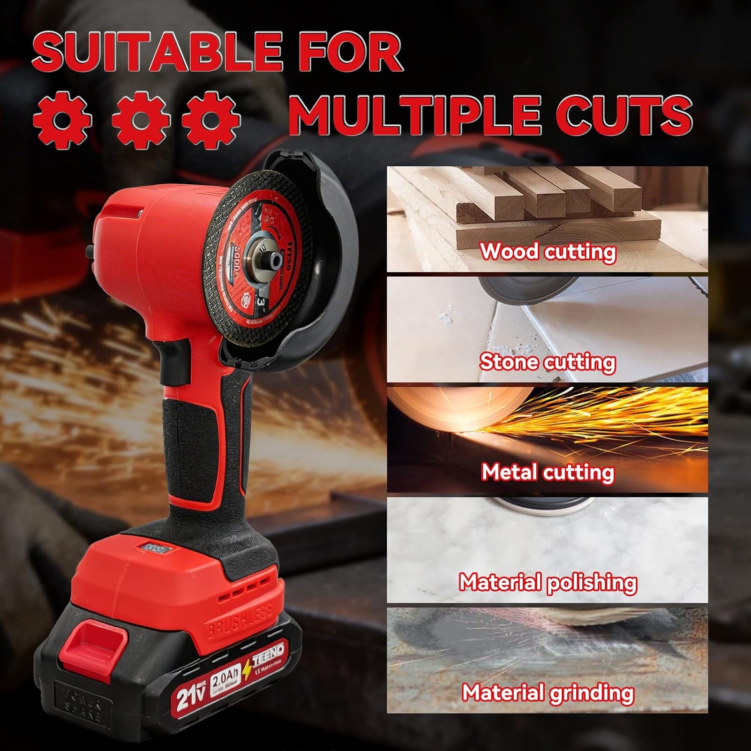 TEENO 21V Cordless Angle Grinder Kit, 19,500 RPM Mini Electric Angle Grinding Tool with 2pcs 2.0Ah Batteries & 6 Discs, 3-Inch Handheld Grinder for Metal/Wood, Fence Repair & Outdoor DIY