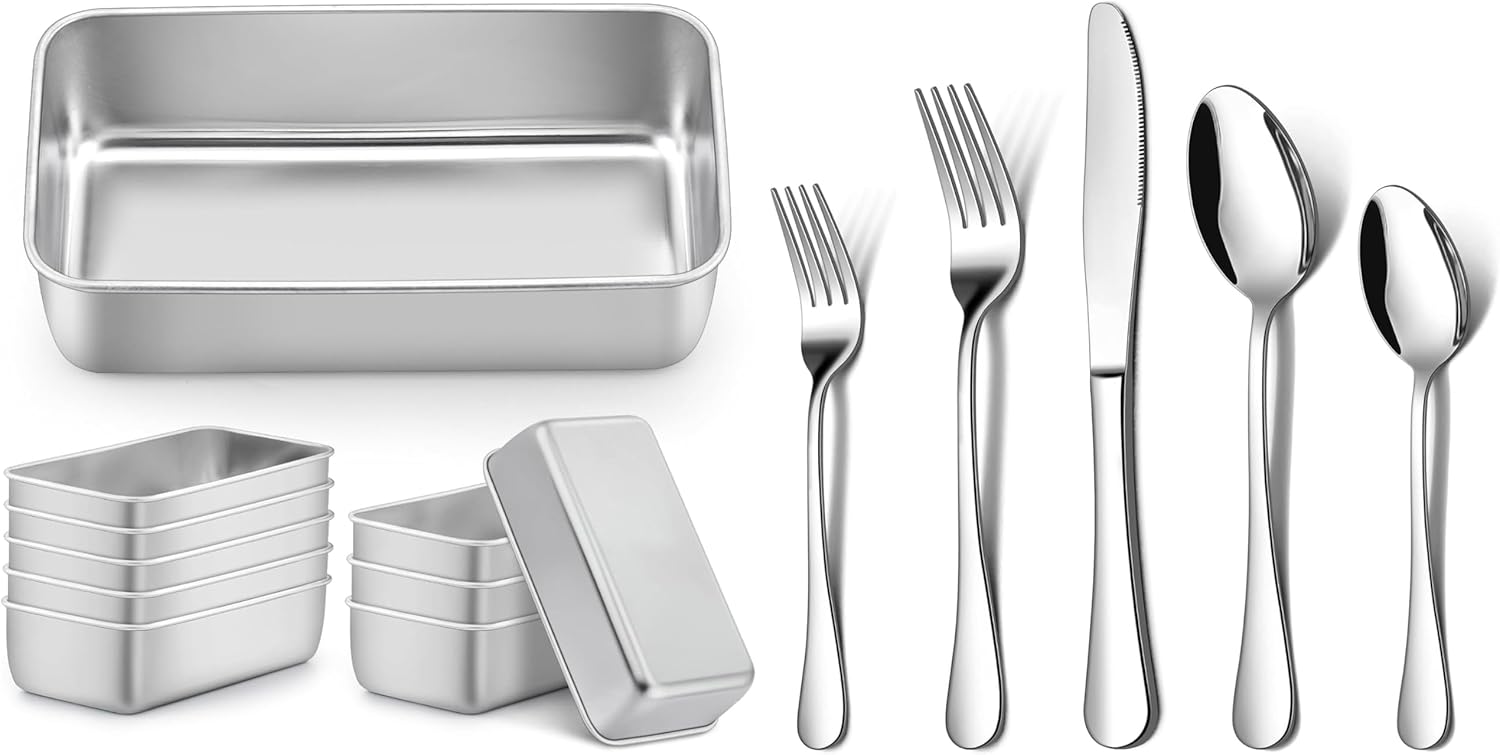 LIANYU 10 Pack Loaf Pans for Baking Bread and 20 Piece Silverware Flatware Cutlery Set, 9 x 5 Inch Stainless Steel Bread Loaf Pans for Sourdough, Cake Brownies, Dishwash