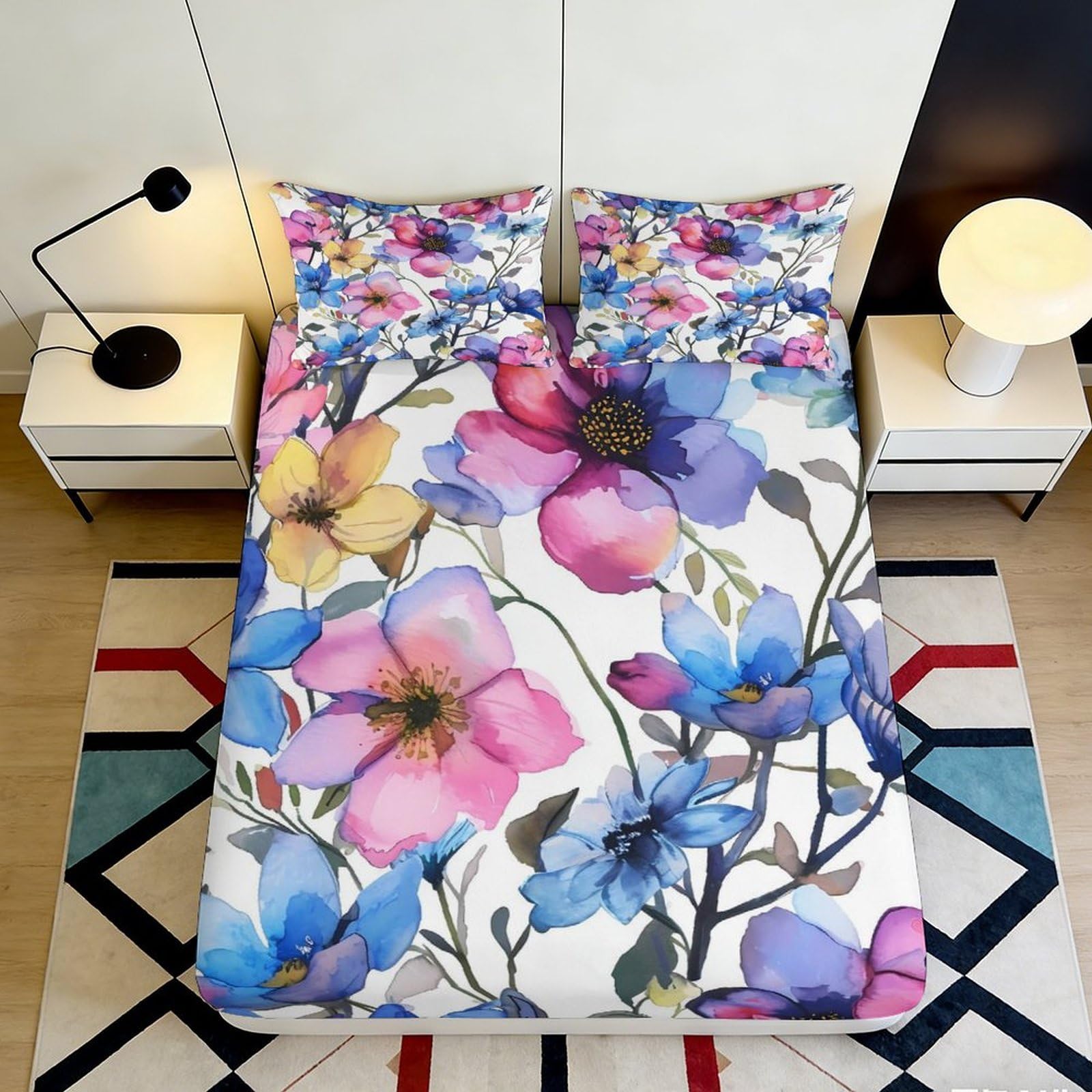 3D Printed Watercolor Floral Fitted Sheet Microfiber Soft Vibrant Botanical Bed Sheet for Bedroom Guestroom Mattress Decor 90x200x25cm