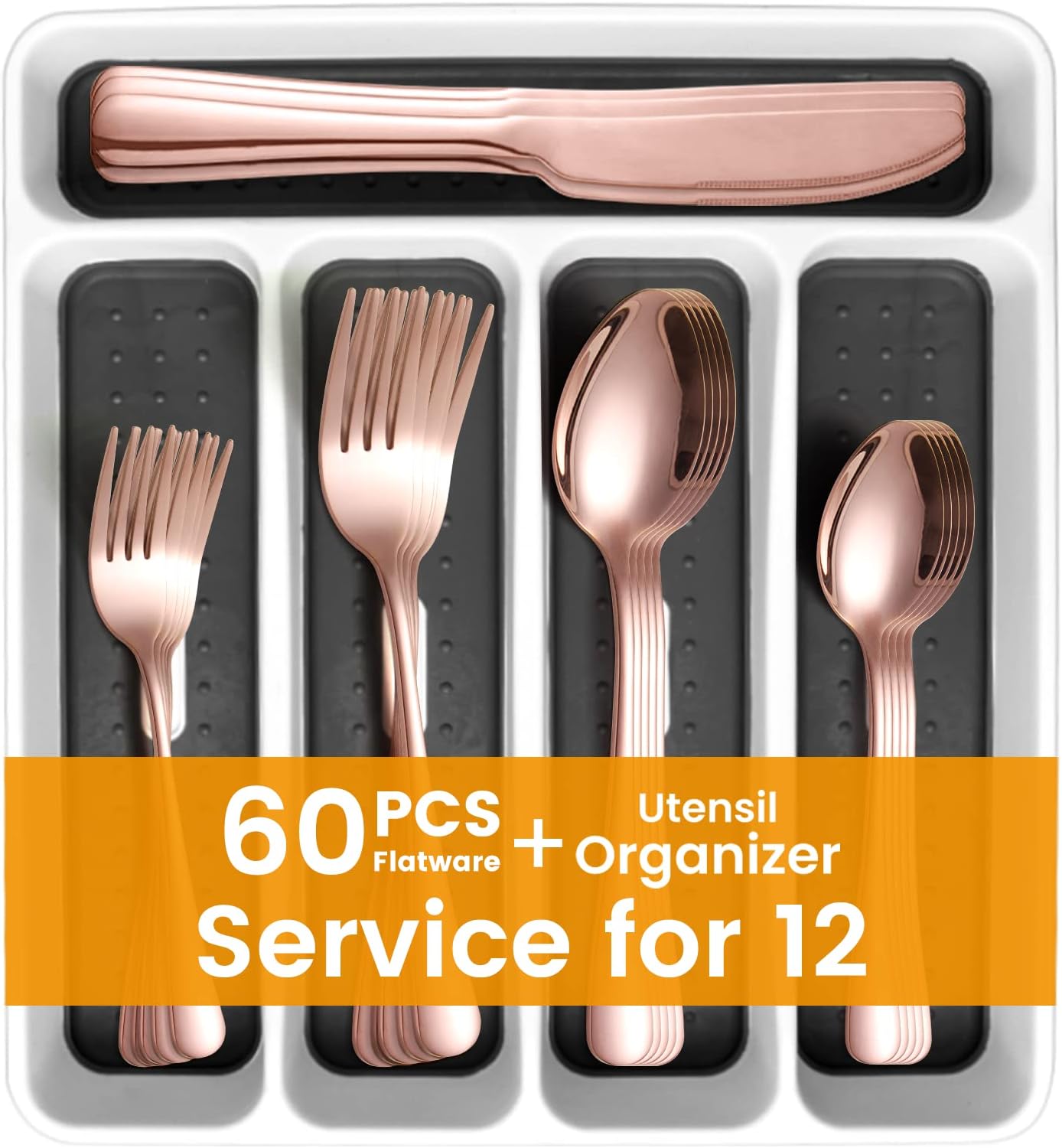 60 Pieces Rose Gold Silverware Set with Organizer, Service for 12, Stainless Steel Flatware Cutlery Set, Tableware Knives, Forks, Spoons, Home Kitchen Serving Utensil Set, Mirror Polished