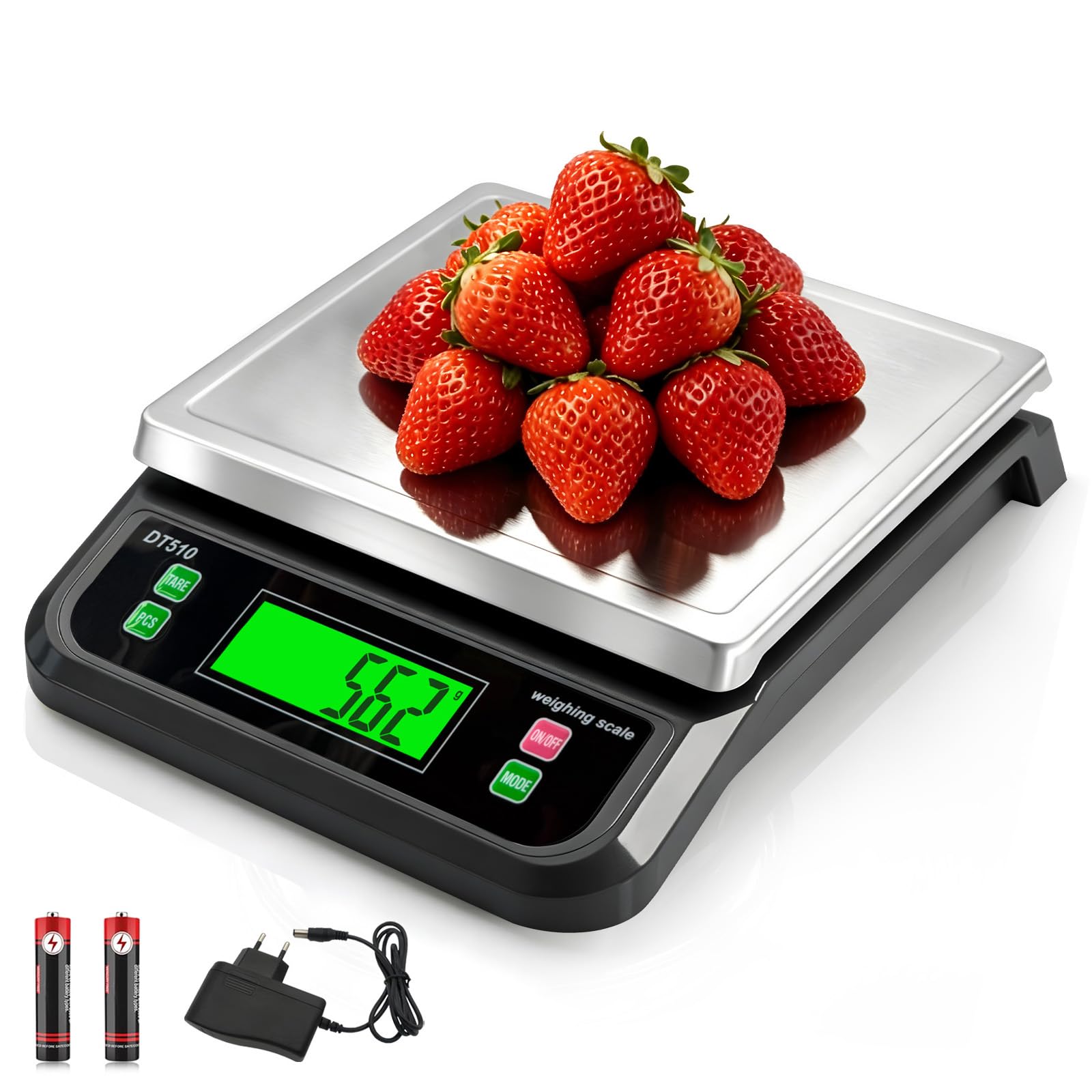 Bilancia digitale per alimenti da cucina, 40 kg, con funzione tara e funzione PCS, in acciaio inox, per cucinare con adattatore, 6 unità (grigio, 40 kg)