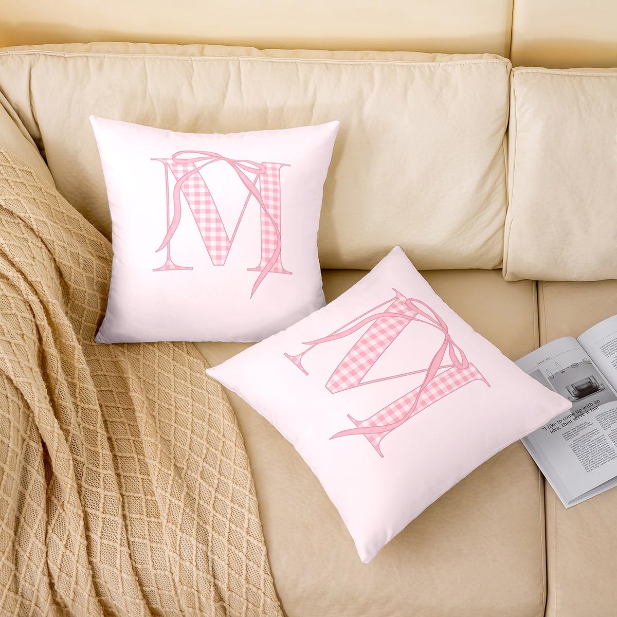 Cartoon Bowknot Kids Pillow Cover,Pink Bow Tie Letter M Cushion Cover 16