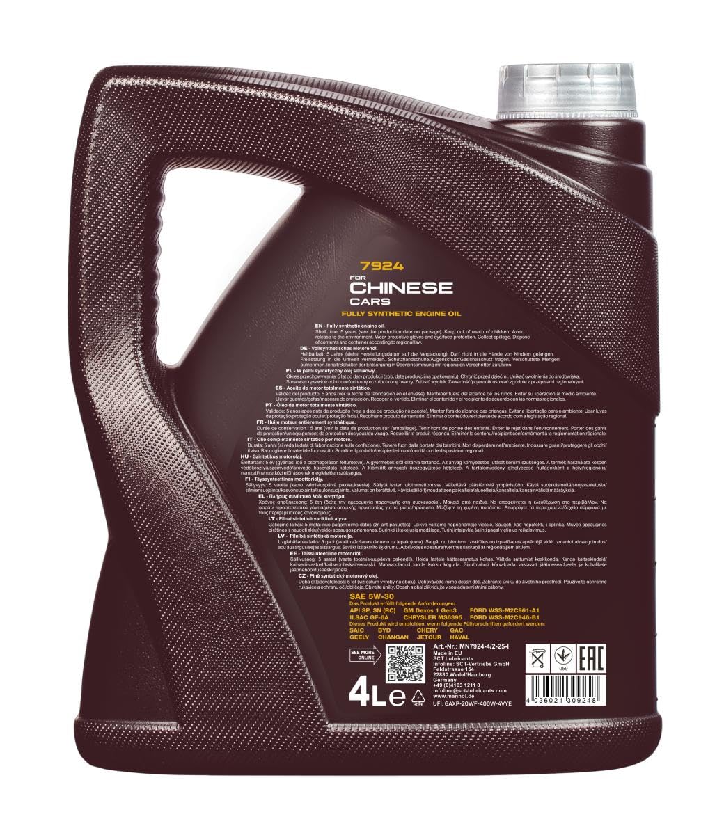MANNOL 7924 Motoröl 5W-30 synthetisch für chinesische Autos, 4L | Synthetisches Motorenöl für Benzin- und Dieselmotoren, API SP, ILSAC GF-6A, GM Dexos 1, für BYD, Chery, Geely, Haval