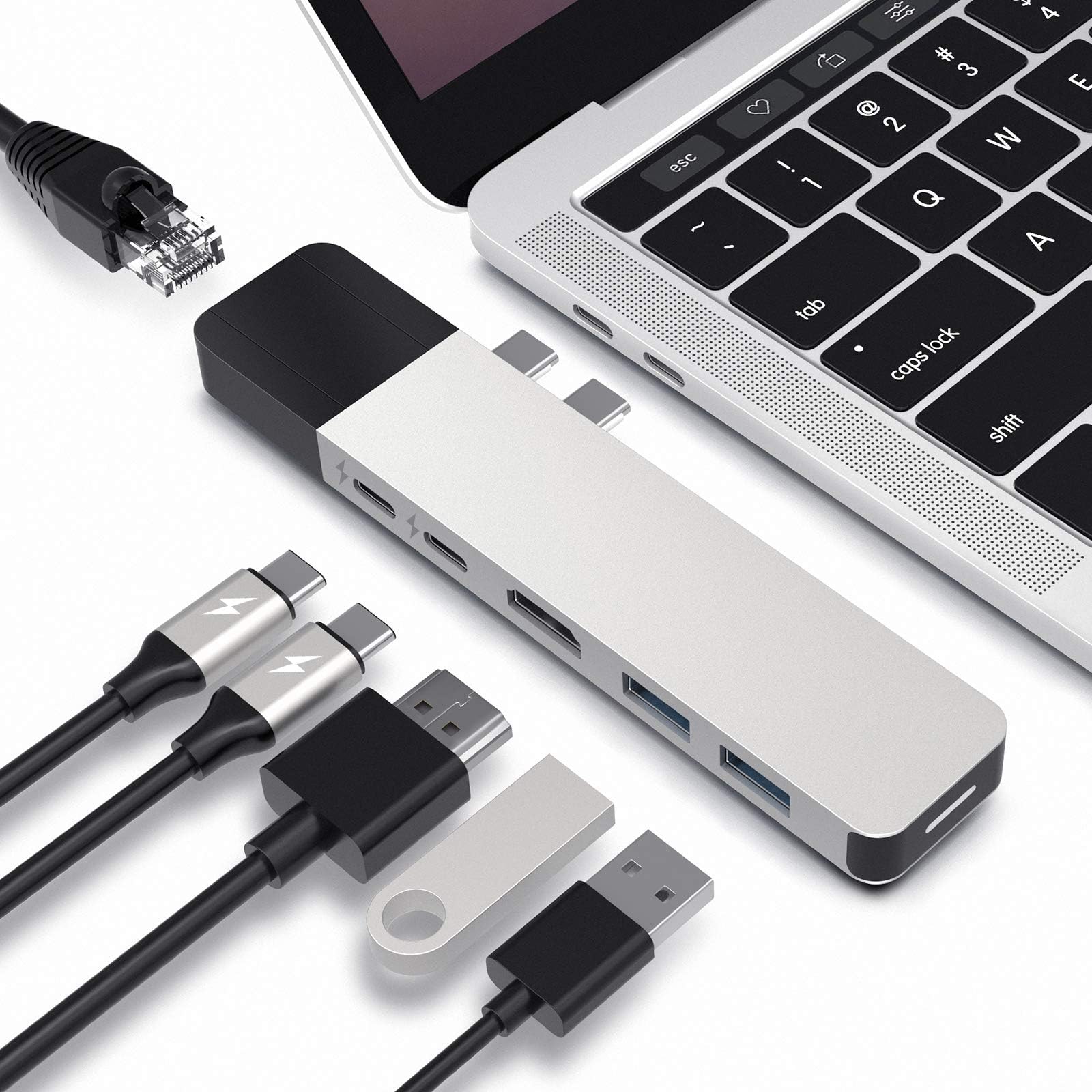 Drive USB C Hub, 6-in-2 Dual Type C Adapter with 40Gbps USB C 100W, 5Gbps PD 60W, 2 USB 3.0, Gigabit Ethernet, 4K HDMI, Thunderbolt 3 Dock for MacBook Pro 2020 2019