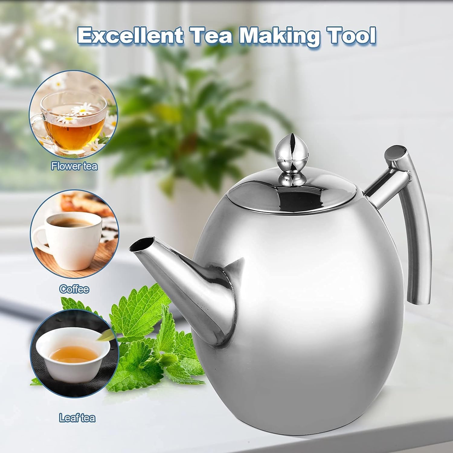 Fyearfly Théière en acier inoxydable avec infuseur, théière de 1 litre/1,5 litre, théière en argent fine avec filtre pour maison, hôtel, restaurant, thé en vrac(1L)