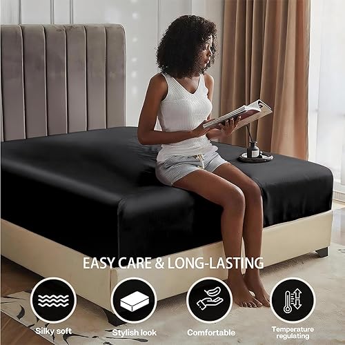 Miniatura 6 de MR&HM Sábana bajera de satén tamaño California King, sábana inferior sedosa con correas elásticas en las esquinas, bolsillo profundo de hasta 15