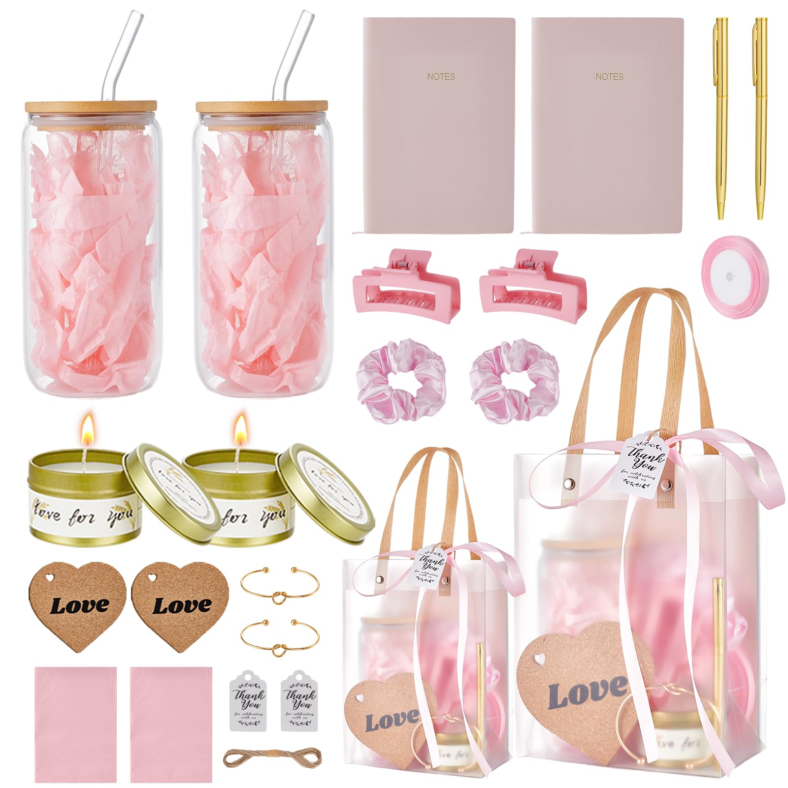24Pcs Baby Shower Prizes for Game Winners Gifts Wedding Bridal Shower Gifts Including Glass Cans Notebooks Soy Candles Hair Clips for Baby Shower Wedding Bridal Shower Game Prizes (Pink, 2 Sets)