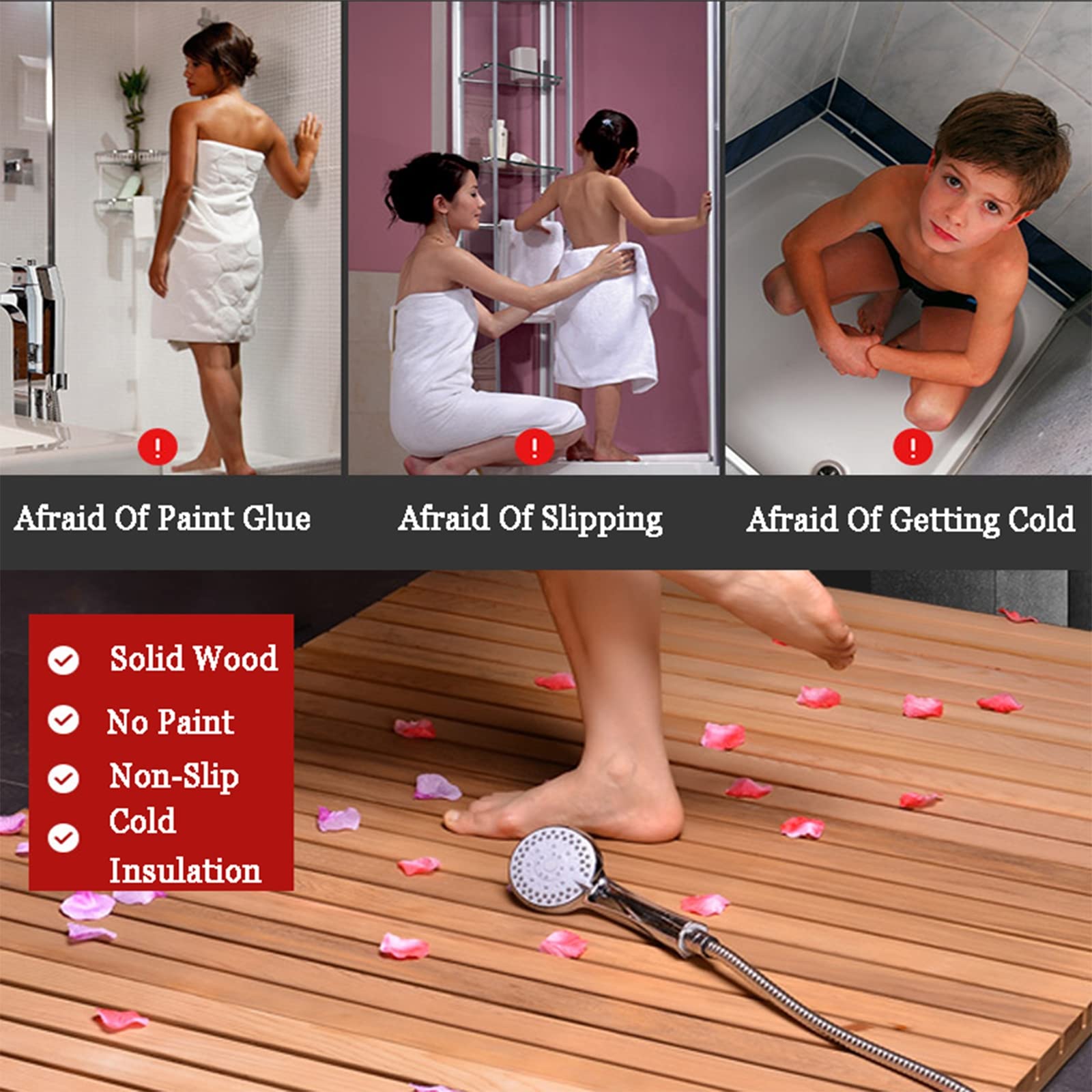 Pedana Doccia in Legno, Tappetini da Bagno in Legno Antiscivolo con Design A Doghe per Vasca da Bagno Interna/Esterna, Doccia, Sauna, Piscina O Vasca Idromassaggio,75x90cm/30x36in