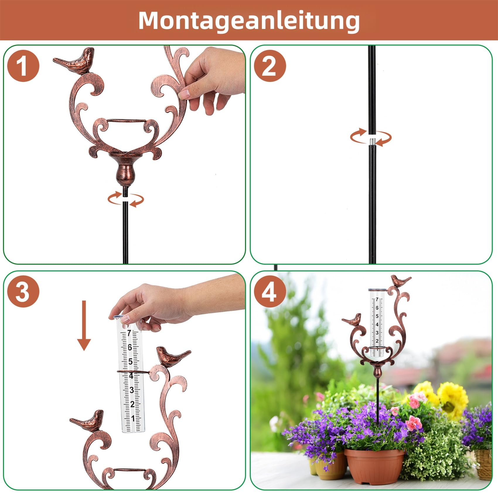 pearlstar Pluviomètre colibri résistant au gel, pluviomètre avec piquet et tube en plastique, pluviomètre pour jardin, pelouse, terrasse, cadeau pour les amateurs de jardin