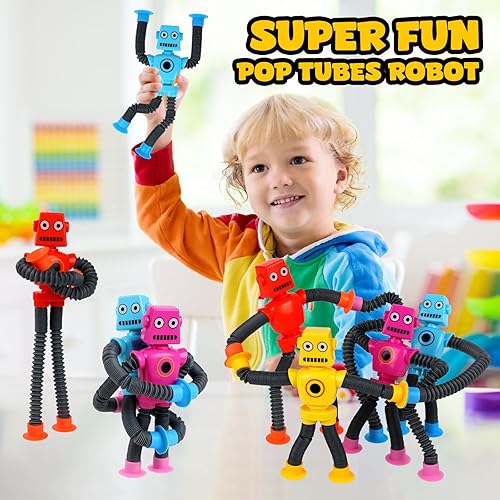 Miniatura 5 de Ochine Paquete de 4 juguetes robóticos telescópicos con ventosa, juguetes para ansiedad que cambian de forma para niños pequeños, tubos de