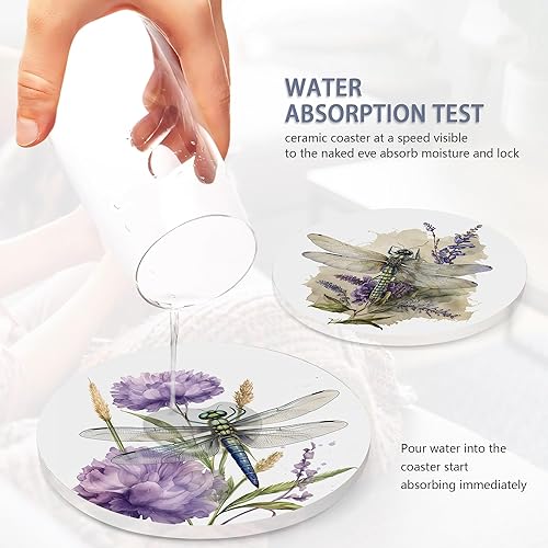 Miniatura 5 de Juego de 6 posavasos para bebidas, diseño de libélula y flores, redondo, de cerámica, con base de corcho, tapete de protección de mesa para tazas y