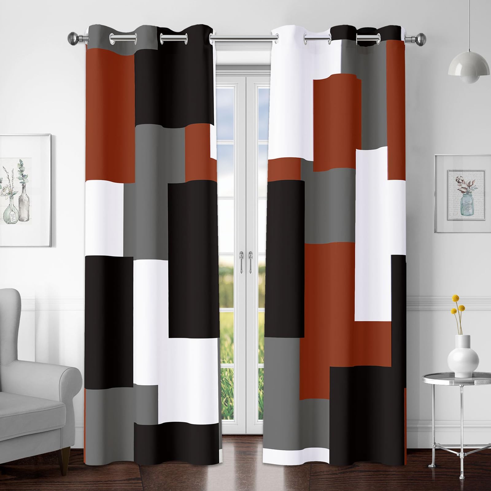 Tyrot Burnt Orange 100% Blackout Curtains for Bedroom 72 inch Length 2 Panels Set Grey Modern Abstract Geometric Fall Black Out Curtains Insulated
