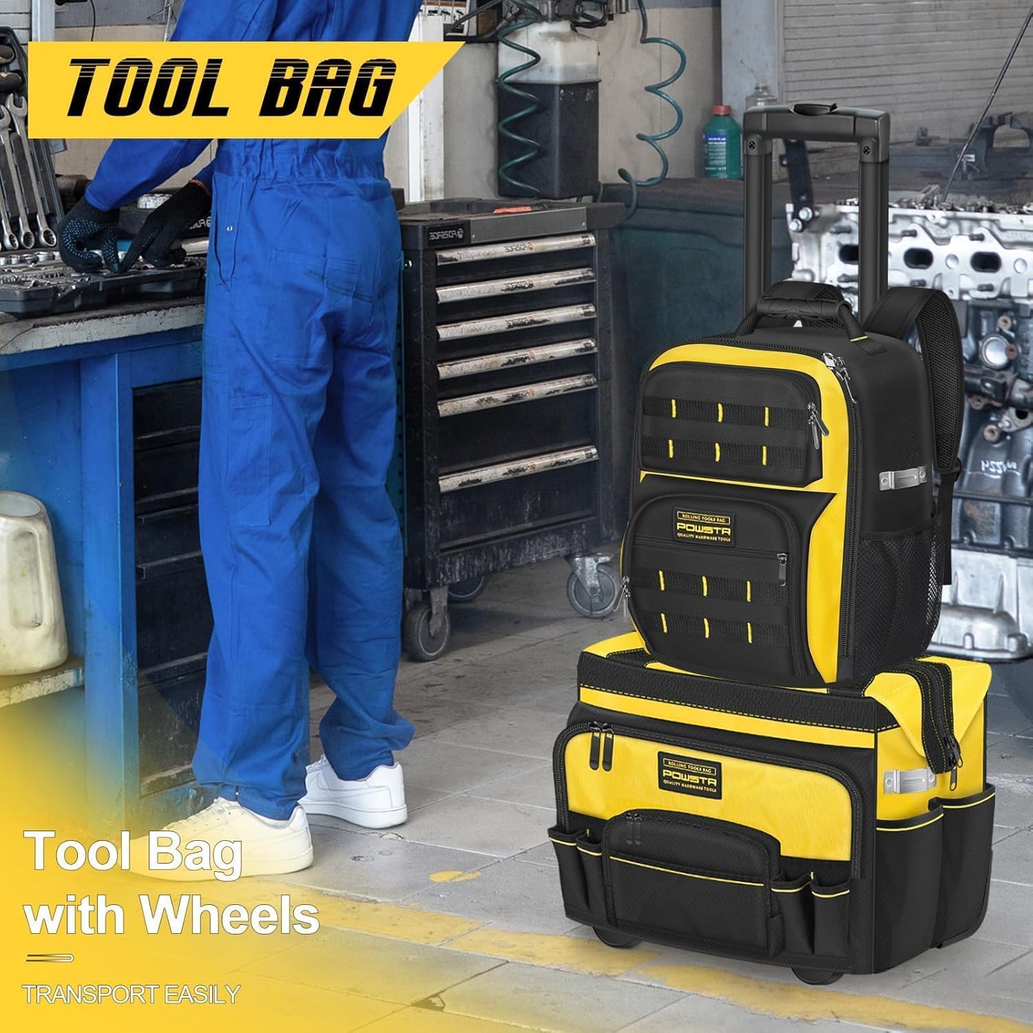 20" Bolsa Rodante Para Herramientas,Bolsa Para Herramientas Rodante de Alta Resistencia con 1680D, Asa Telescópica,15 Bolsillos,Bolsas Para Herramientas Multiuso Para Construcción,Electricista | Base estable: bolsa de herramientas rodante ideal para const