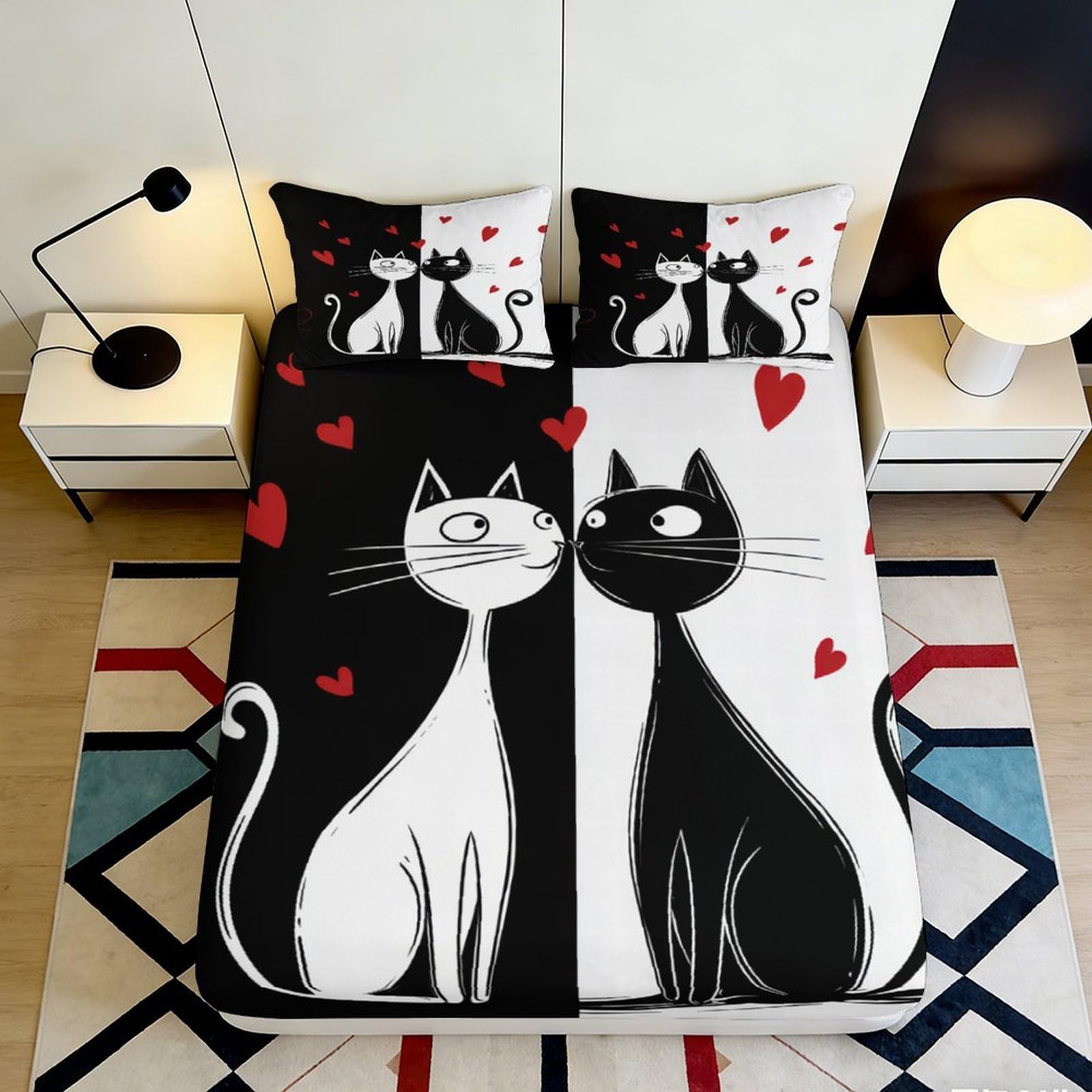 3D Printed Cute Cat Fitted Sheet Microfiber Deep Pocket Non-Slip Bedroom Bedding Lovely Cartoon Mattress Fitted Cover Gift for Adults Teenagers 160x200x25cm