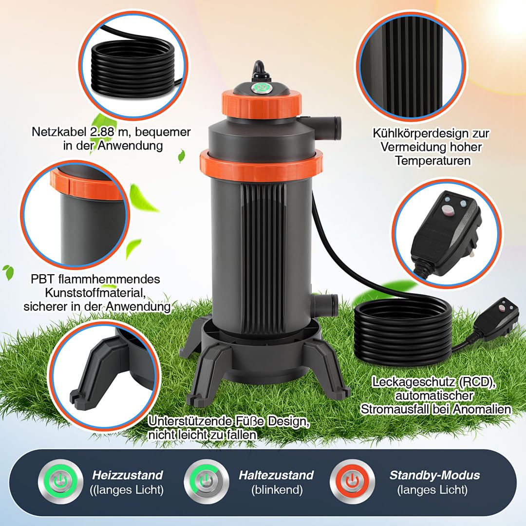 Poolheizung Elektrisch 3KW mit Digitalanzeige & 4-Fach Sicherheitsschutz, 32–38 mm Anschluss, Heizt bis 45 °C, inkl. Zubehör für Aufstellbecken