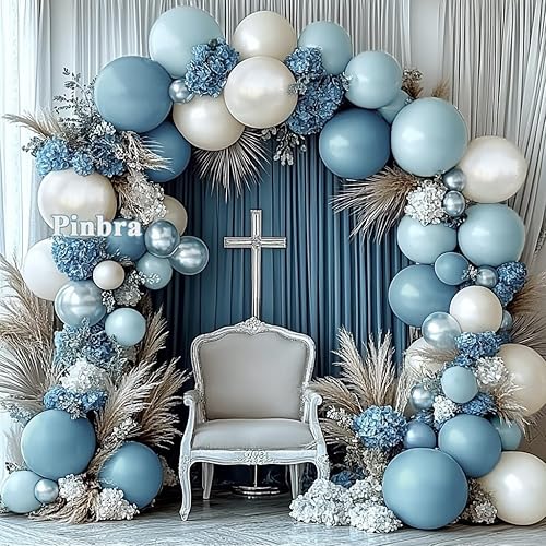 Miniatura 8 de Guirnalda de globos azul polvoriento, doble relleno, color azul pastel, blanco, arena, perla, kit de arco de globos para baby shower, cumpleaños,