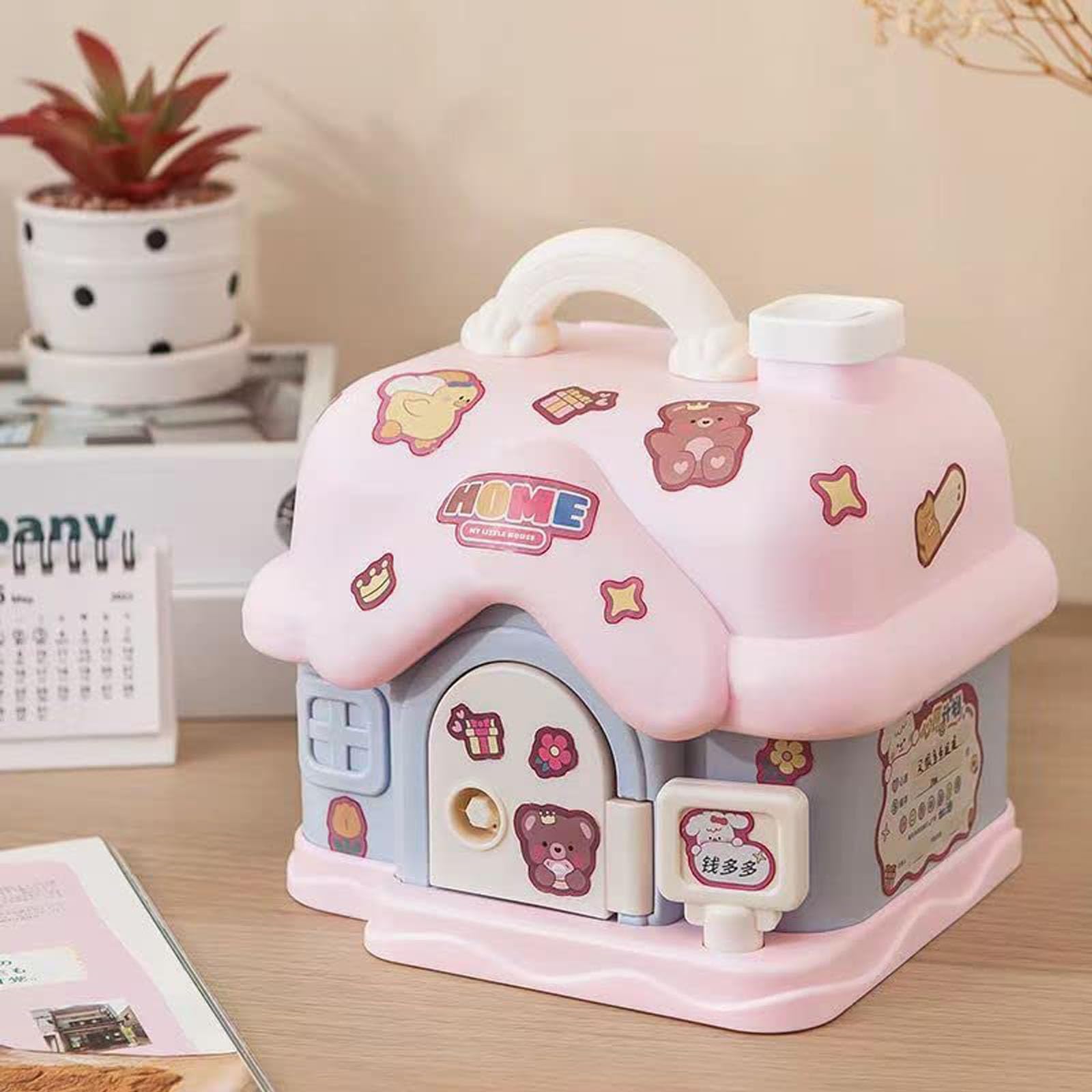 Coin Bank for Kids, Fairy Tales Cottage Coin Bank with DIY Sticker Gift & Key, Lovely Cream House Money Box for Girl, Great for Children's Birthday Gift or Home Decoration, Great Presents