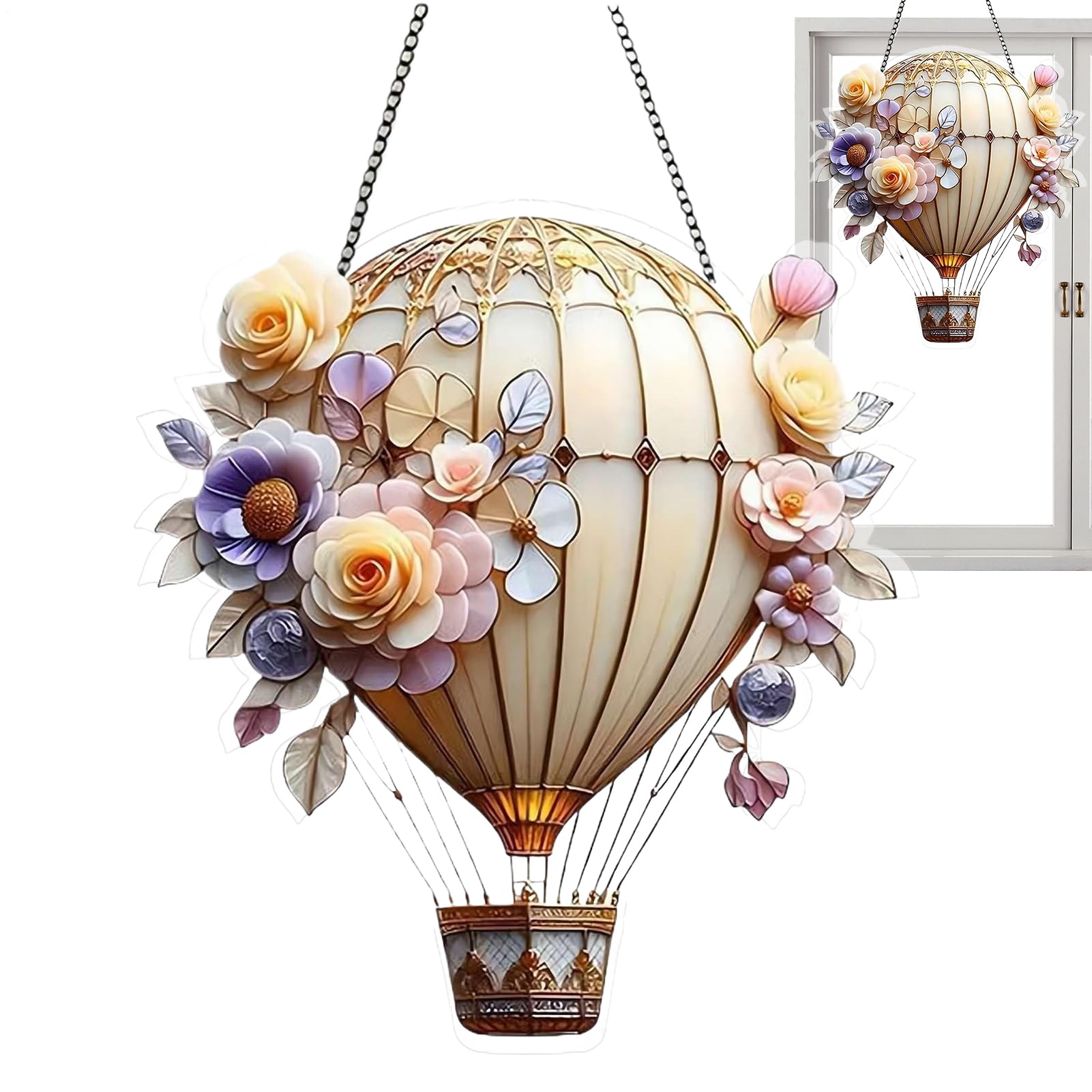 Hot Air Balloon Solar Lantern, Hot Air Balloon Stained Sun Catcher, Hanging Acrylic Solars Lanterns for Outside Window Home, Garden Patio Porch Yard Decoration