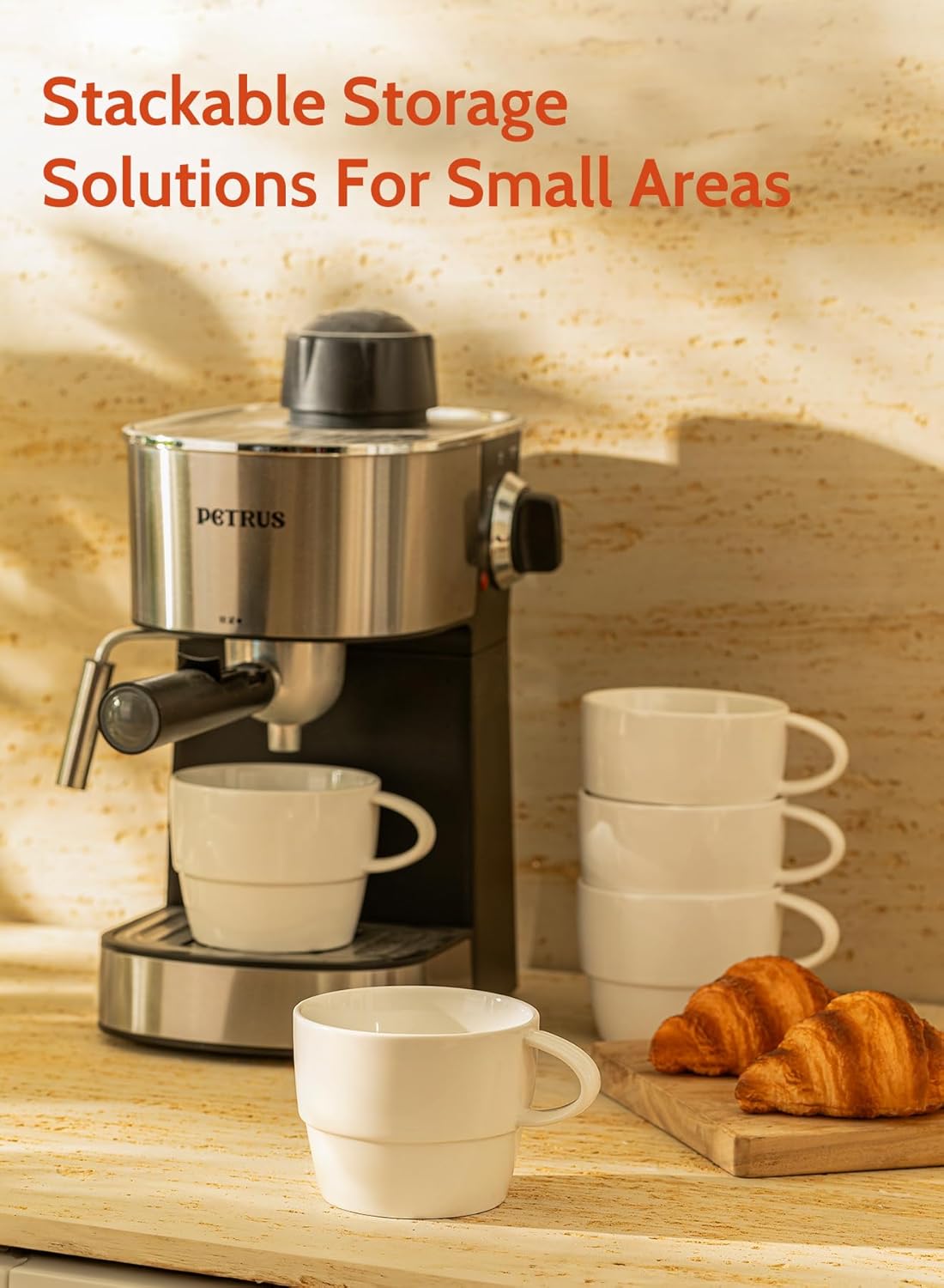 Sweese Porcelain Espresso Cups Set of 6 - Stackable 10 Ounce Espresso Coffee Mugs for Cappuccino, Mocha, Tea - Dishwasher Friendly – Ideal for Home and Café, White