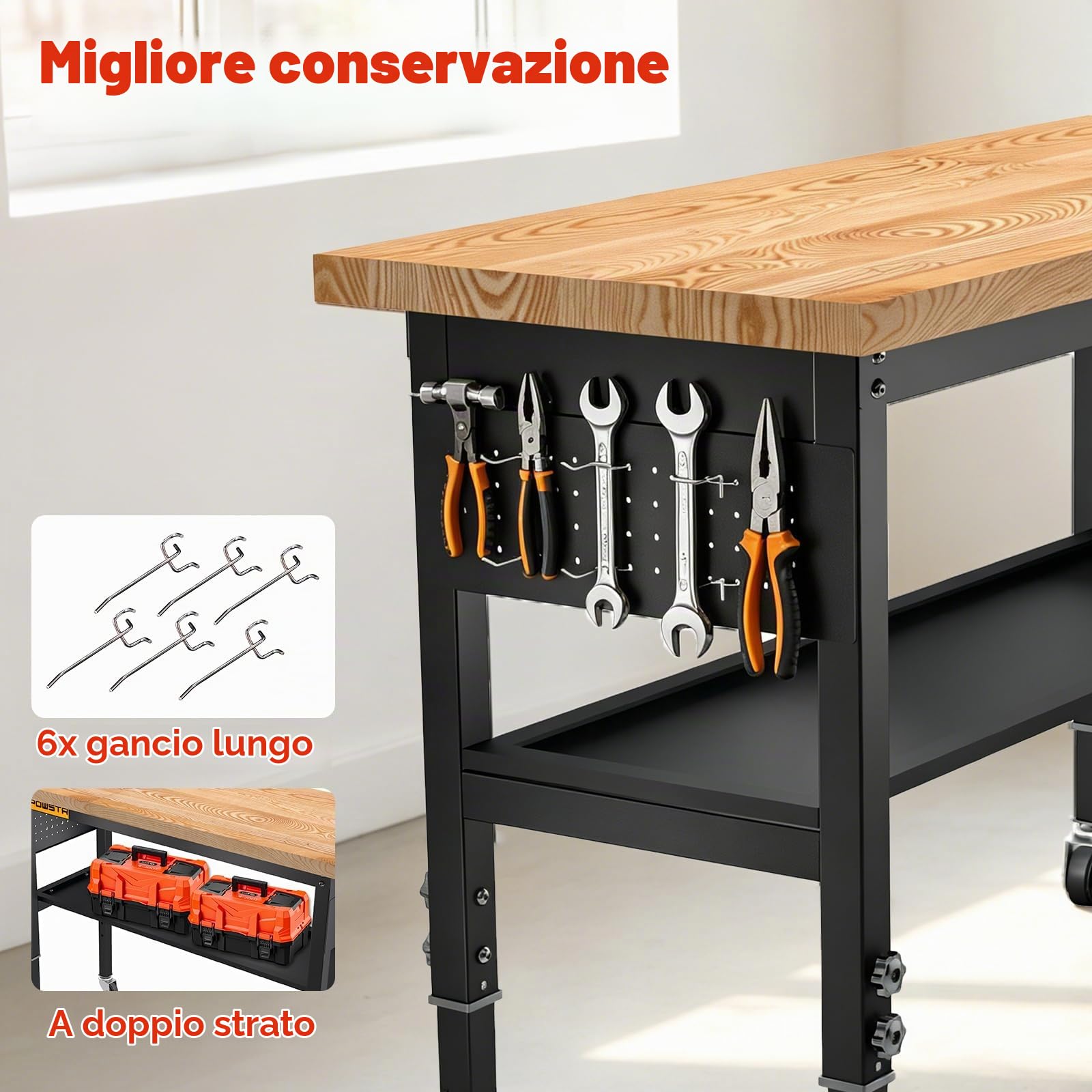 Banco da lavoro da 120 cm, tavolo da lavoro a 2 ripiani, portata 900 kg | 5 altezze regolabili, con pannello forato, ruote girevoli e 6 ganci per garage/officina/ufficio/casa/uso commerciale