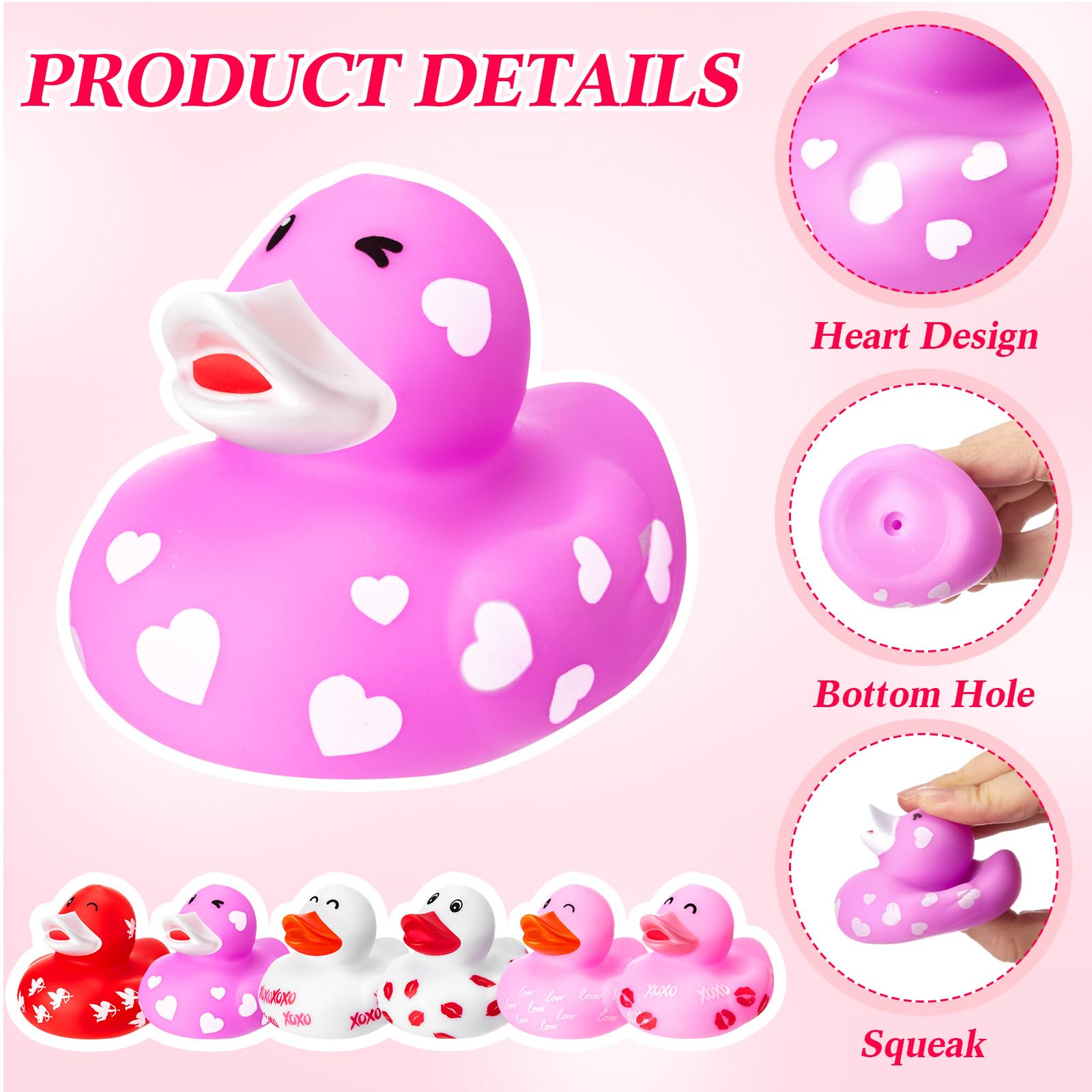 Foilswirl 48 Pcs Valentine Rubber Ducks Baby Showers Accessories 2.2 Inch Heart Valentines Day Duck Mini Duckies Bath Toys for Festival Gifts Party Favor Classroom Goodie Bag Fillers, 6 Styles