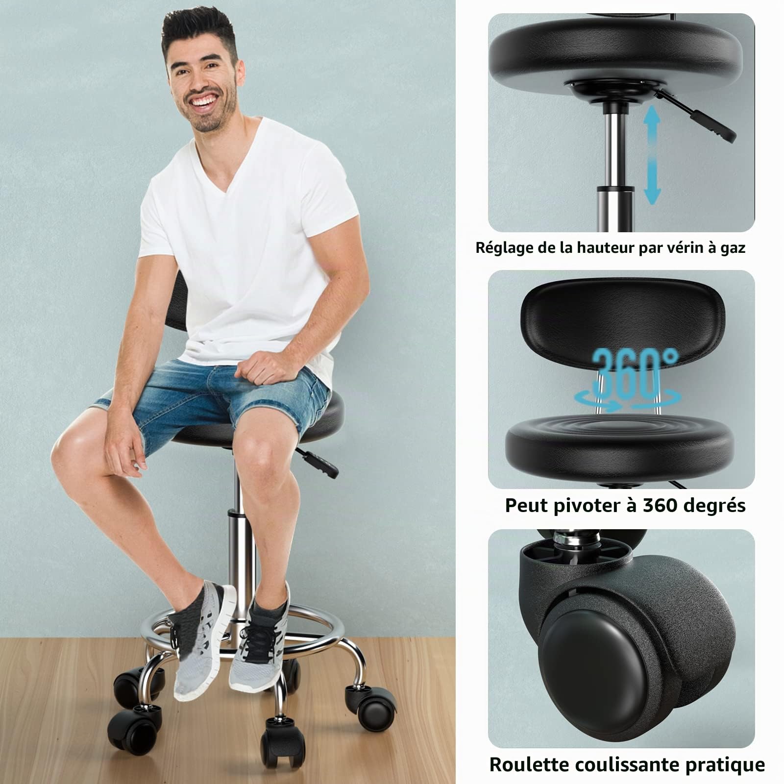 Lot de 2 Tabourets à Roulettes Réglables en Hauteur avec Dossier, Noir