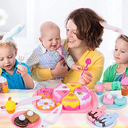 ARTLABEL Realistic Sliceable Cake Pizza Cutting Toy for Kids Pretend Play Toy for Girls & Boys,Cookies & Food Toy Set for Girls & Boys-(Multicolor) (Style-1 -Cake Set)