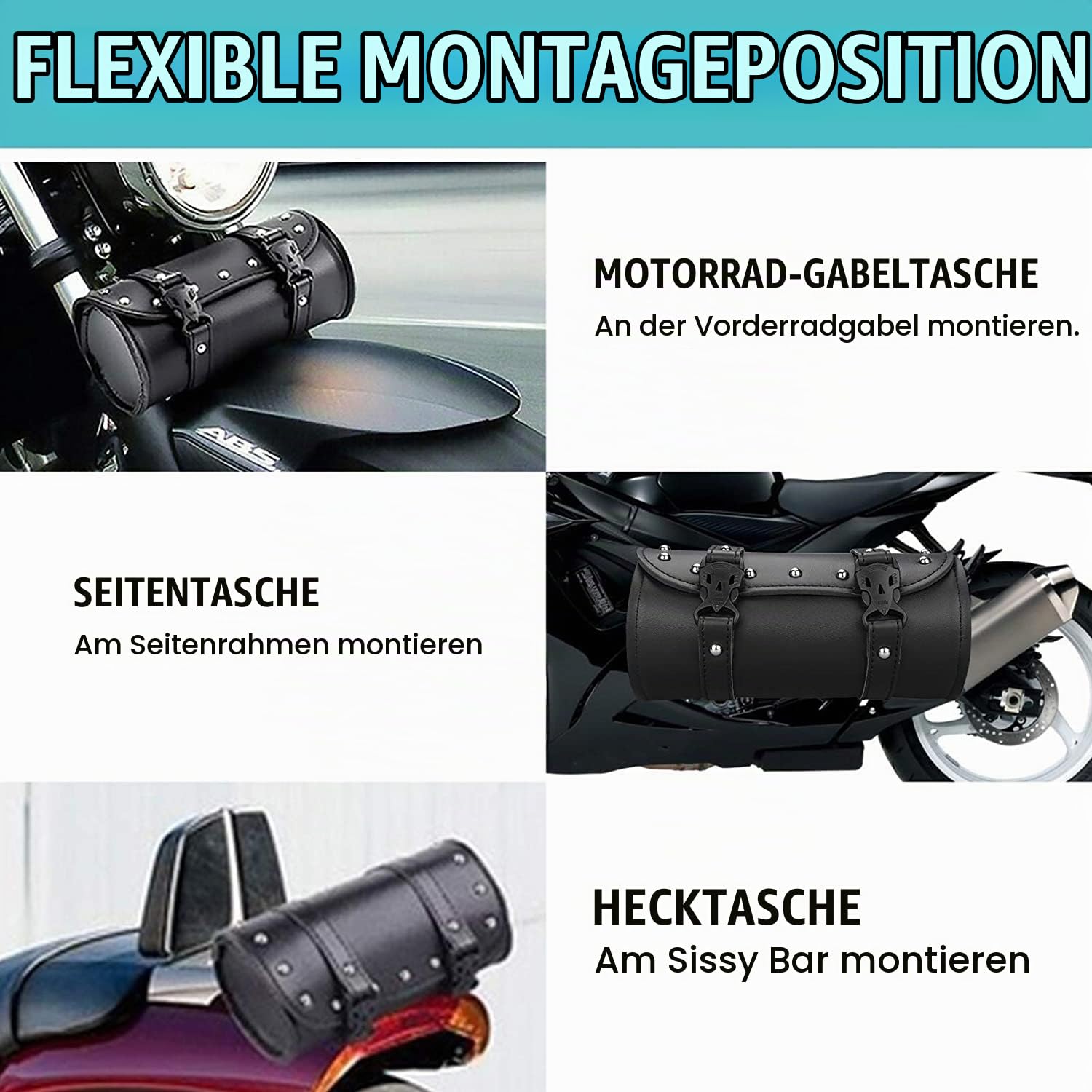 JoyFan Motorrad Lenkertasche, Motorrad Leder Werkzeugtasche für Harley Yamaha Honda Shadow Kawasaki Suzuki Vulcan, Schwarz Auto & Motorrad