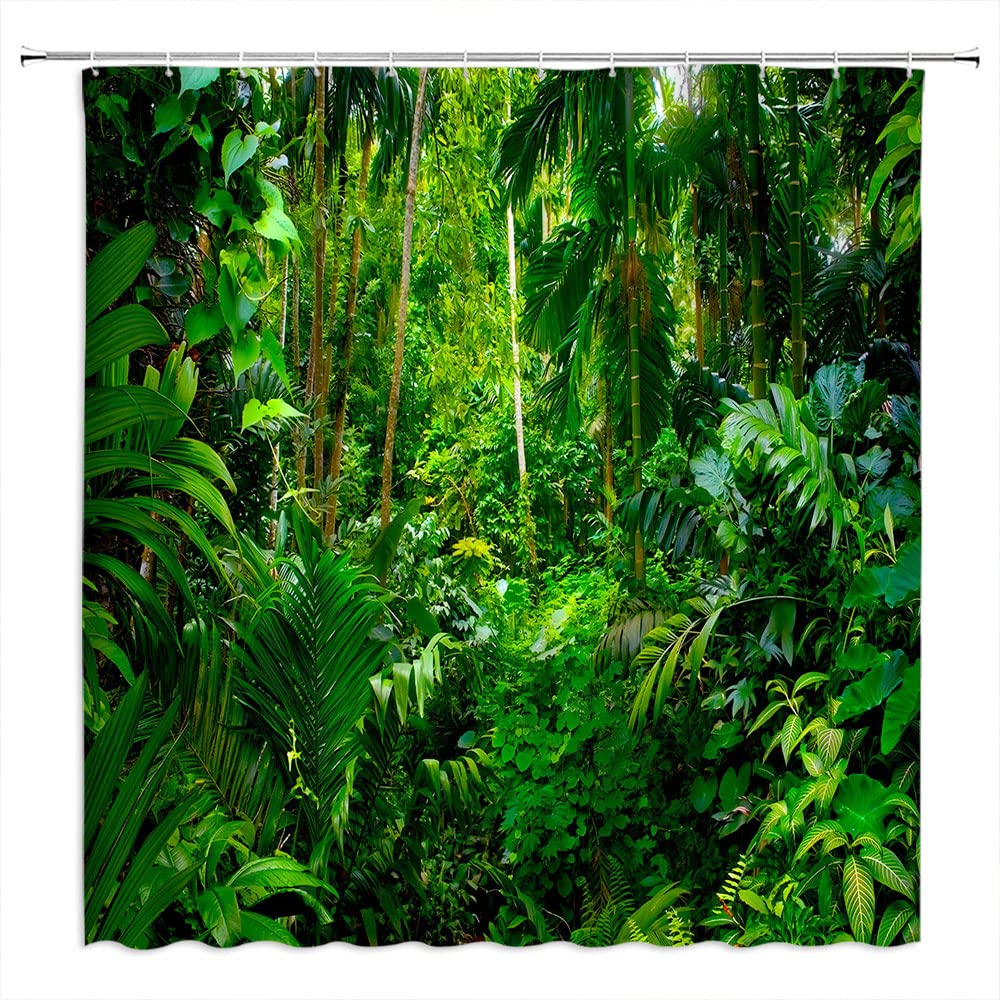 Tropical Rainforest Shower Curtain Green Palm Leaves Jungle